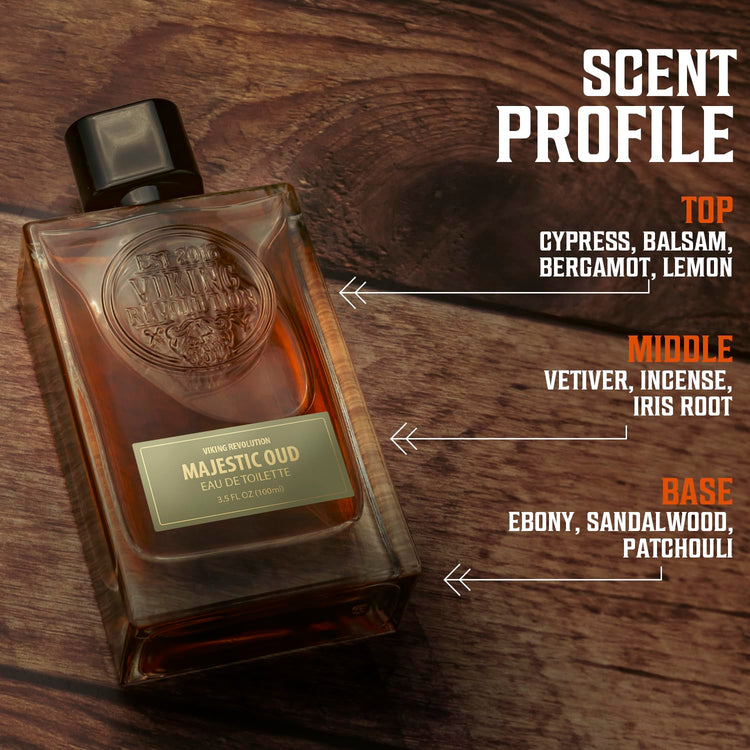 Majestic Oud Cologne for Men 3.5 Fl Oz on wood, highlighting its enduring top, middle, and base notes.