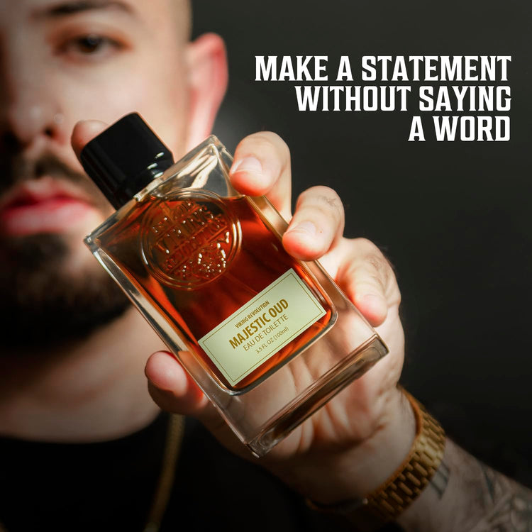 Man with Majestic Oud Cologne for Men 3.5 Fl Oz: Make a bold statement without saying a word.