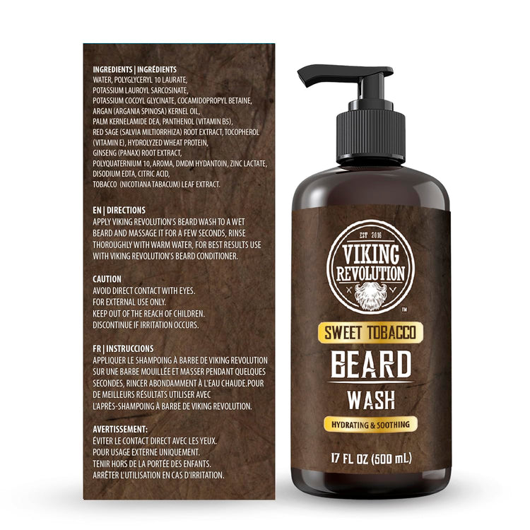 Brown bottle of Sweet Tobacco Beard Wash 17oz with label details and instructions.