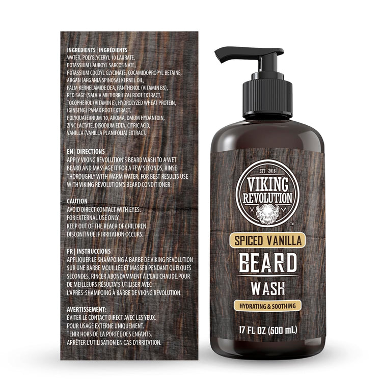 Viking Revolutions 17oz Spiced Vanilla Beard Wash with Argan Oil and Jojoba beside growth supplements.