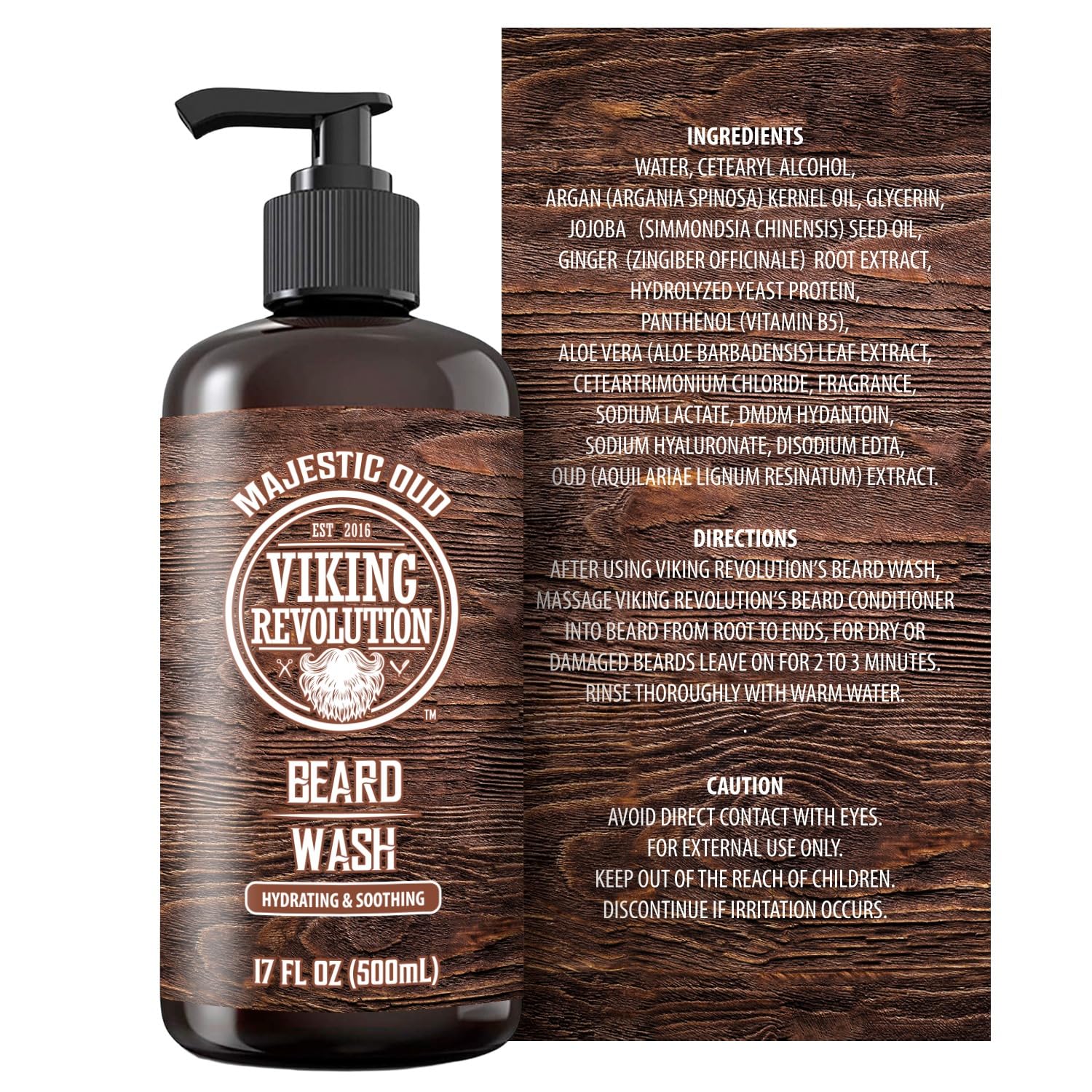 Majestic Oud Beard Wash 17oz bottle with Argan Oil, Jojoba ingredients, and directions on a wood background.