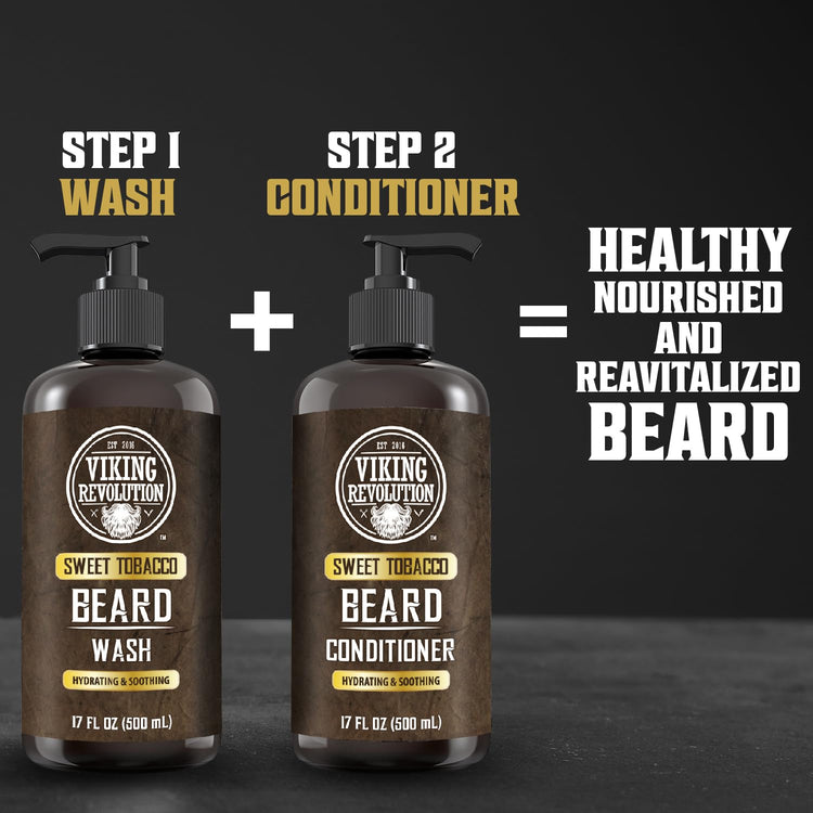 Two bottles of Sweet Tobacco Beard Wash with Argan Oil and Jojoba for healthy beard growth.