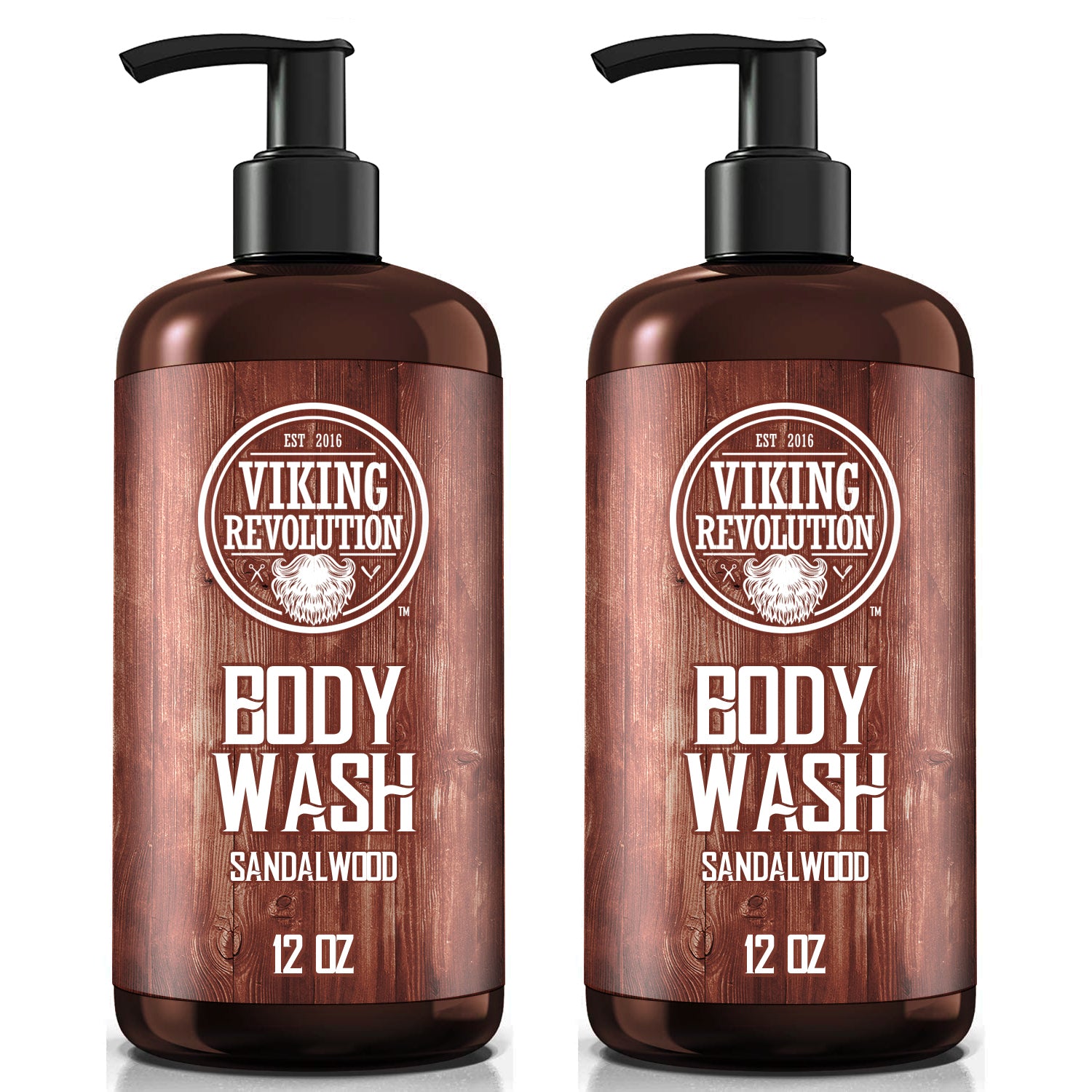 Experience the pinnacle of skincare with Viking Revolution's Sandalwood Body Wash - 2 Pack. This set includes two convenient 12 oz bottles, each featuring a pump dispenser for effortless use.