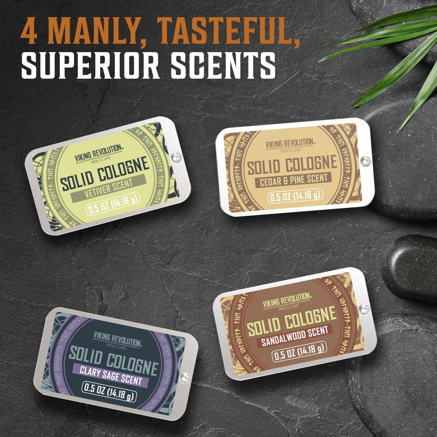 The Solid Cologne - 4 Pack offers an array of captivating scents, including Vetiver, Cedar Wood & Pine, Clary Sage, and Sandalwood.