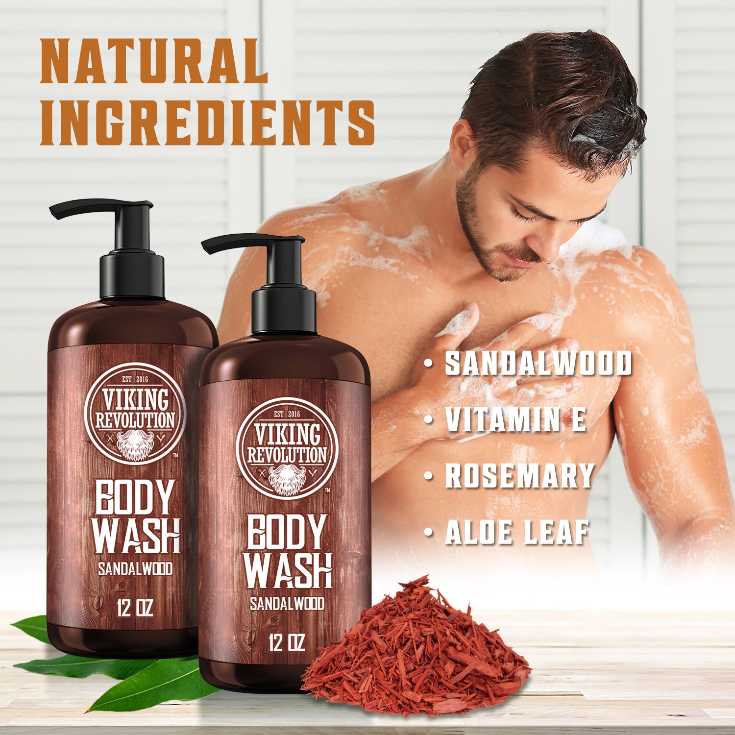 A man indulges in his skincare routine, using the Sandalwood Body Wash - 2 Pack enriched with natural ingredients. Nearby, the bottles promise a refreshing and rejuvenating experience.