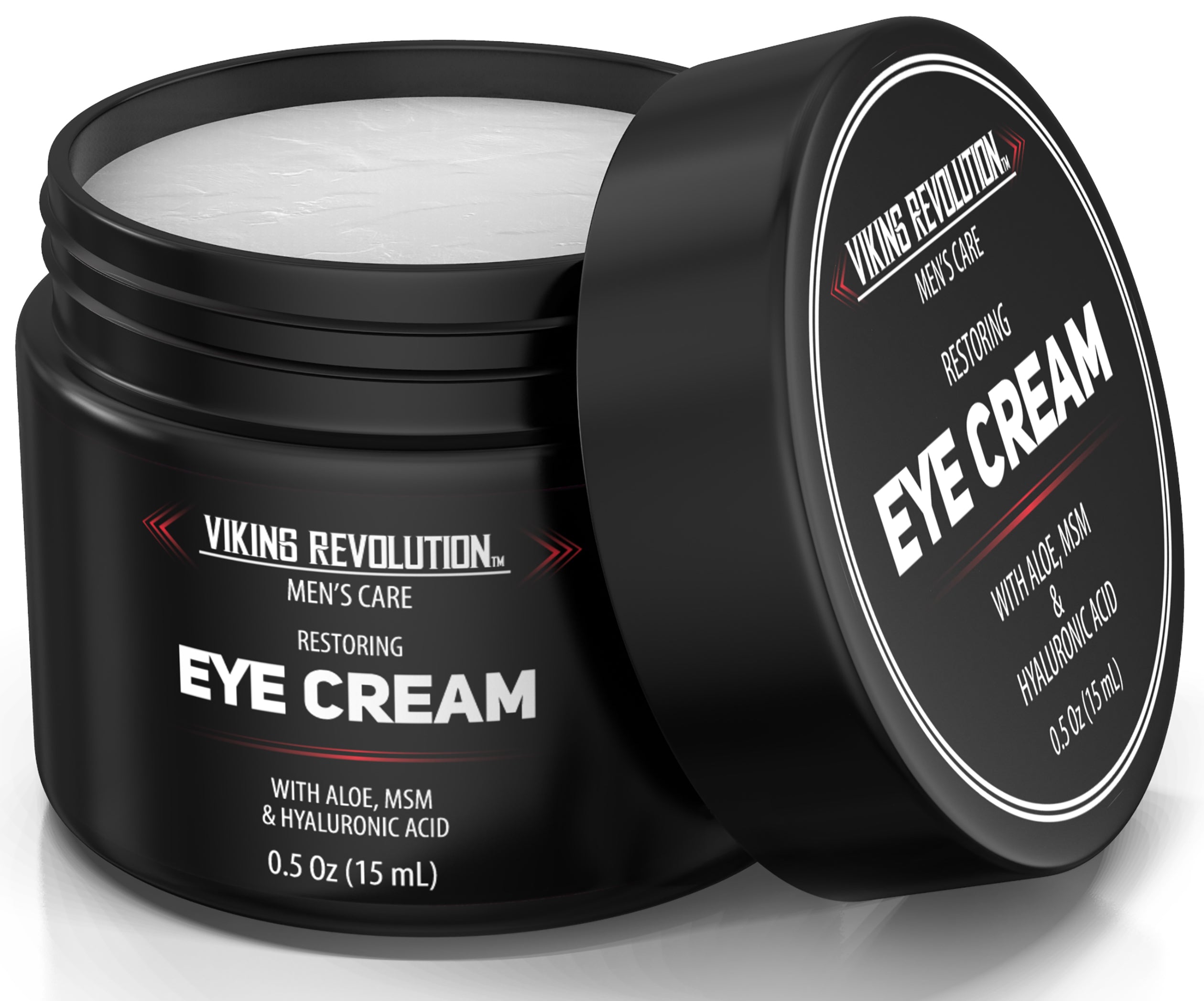 Viking Revolution's Eye Cream for Men, in a black container with an open lid, is available in a 0.5 oz (15 ml) size and is formulated to combat dark circles and reduce puffiness.