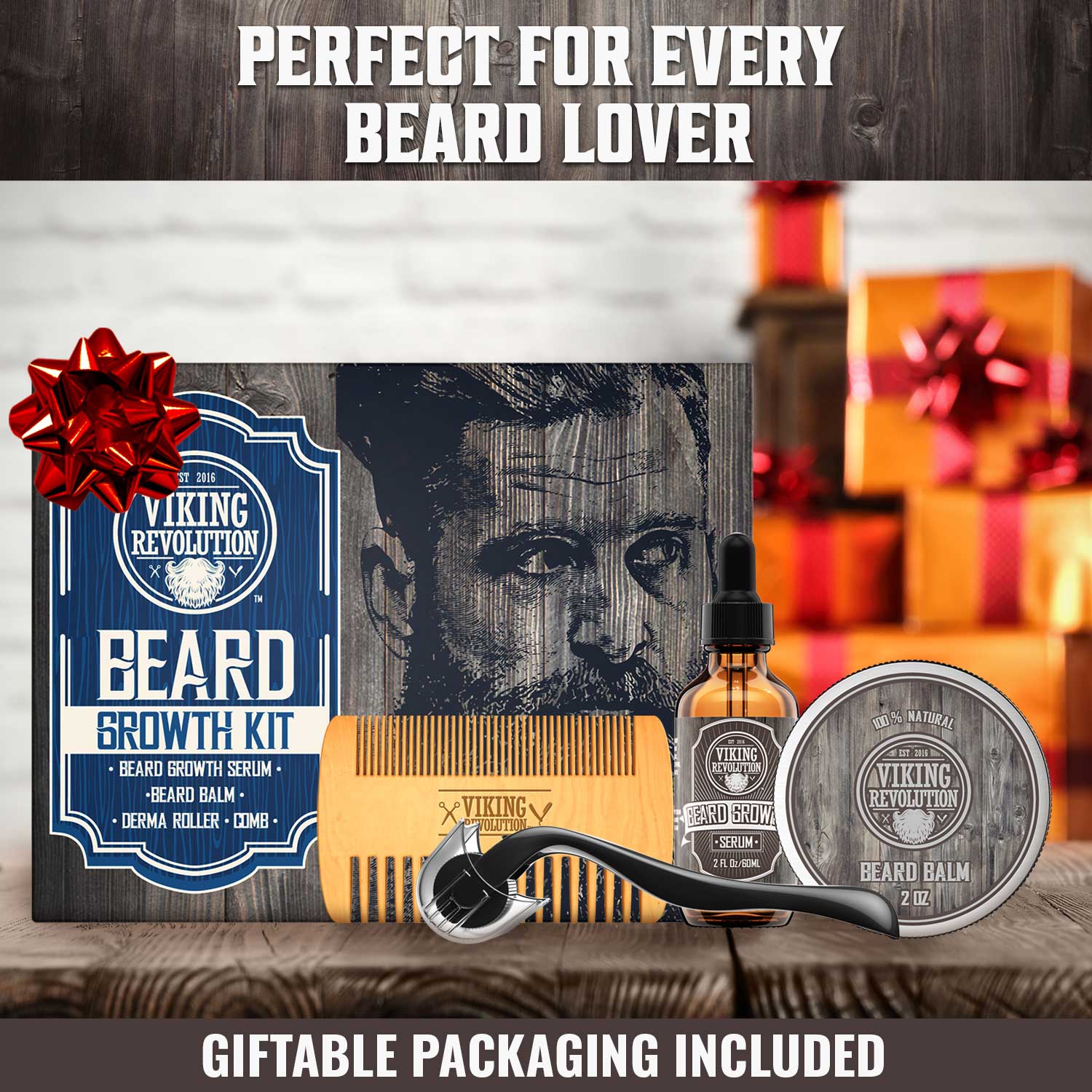 Beard Growth Kit includes essential tools, a nourishing beard balm, and a potent growth serum, all packaged elegantly for gifting.