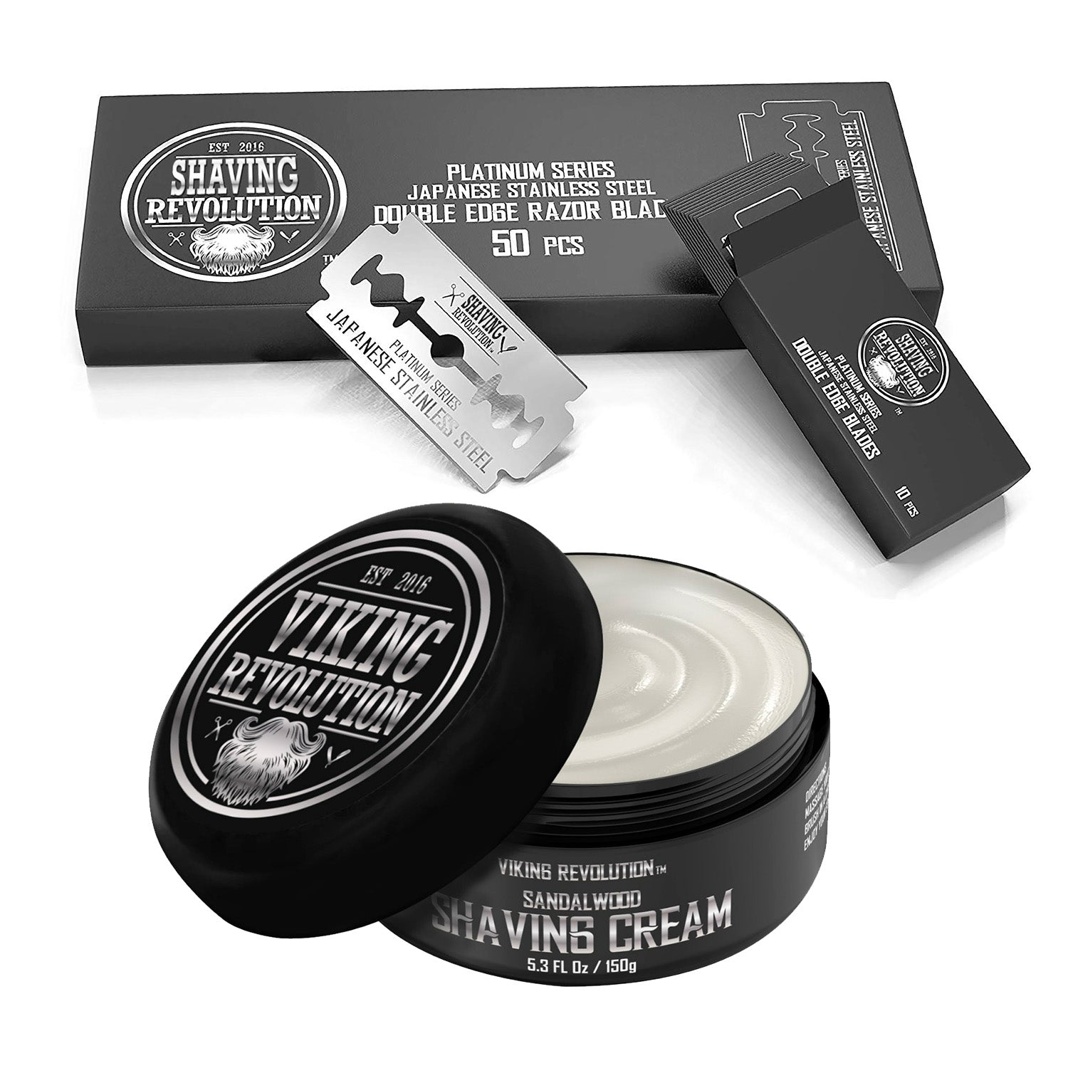 Shaving Essentials: razor blades & sandalwood cream in sleek black packaging. Ideal for your grooming kit!.