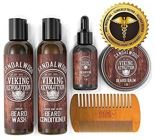 Explore the Sandalwood Grooming Kit by Viking Revolution, which offers a luxurious sandalwood scent. This comprehensive set includes wash, conditioner, oil, balm, and a comb for excellent beard styling and conditioning.