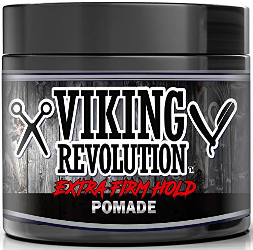 Pomade container labeled Extra Firm Hold - Hair Pomade 4oz with scissors icon, enriched with natural ingredients.