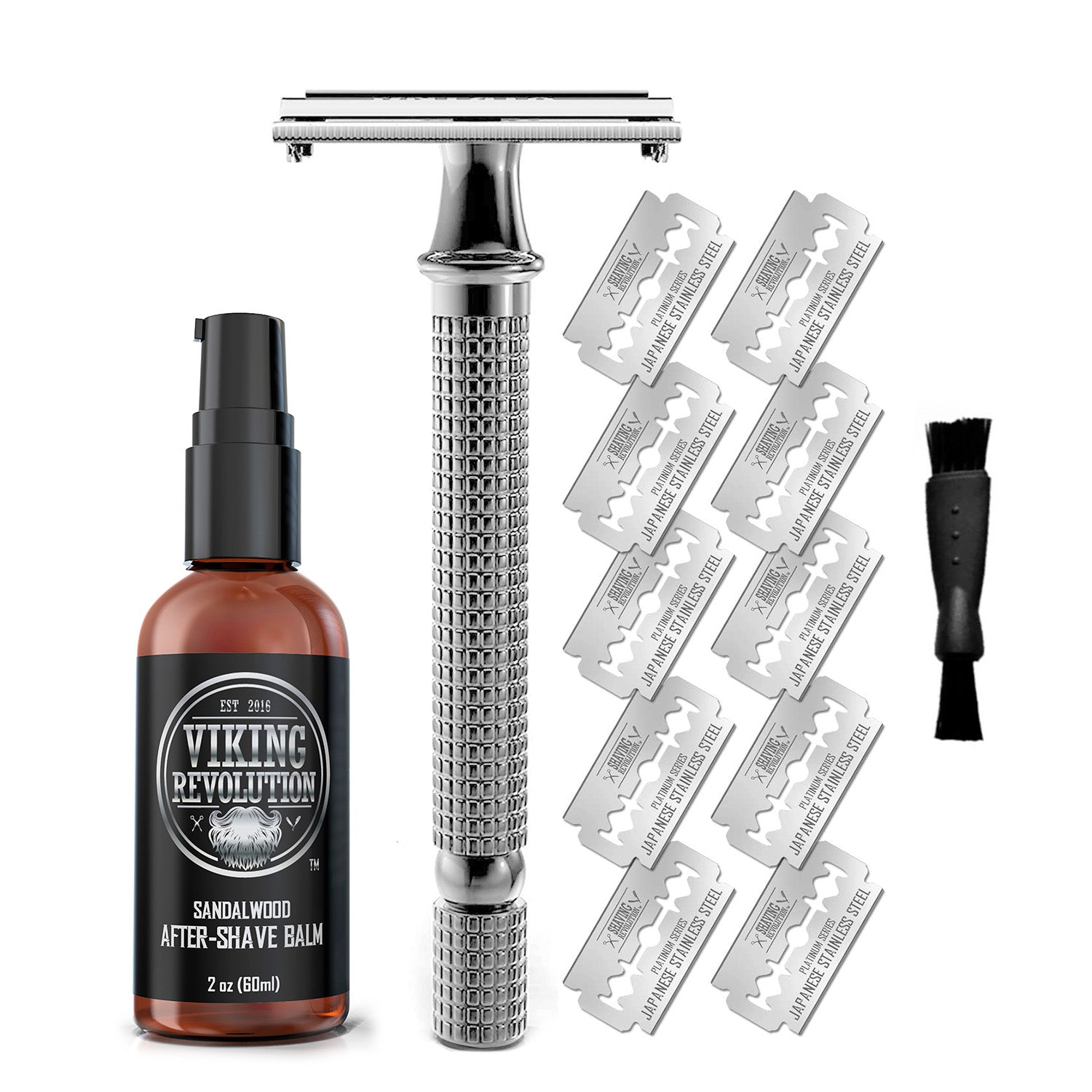The Safe Shave kit, ideal for an upsell, features a razor, sandalwood after-shave balm, ten blades, and a small brush. Consider using our app to discover bundle products that further enhance your grooming routine.