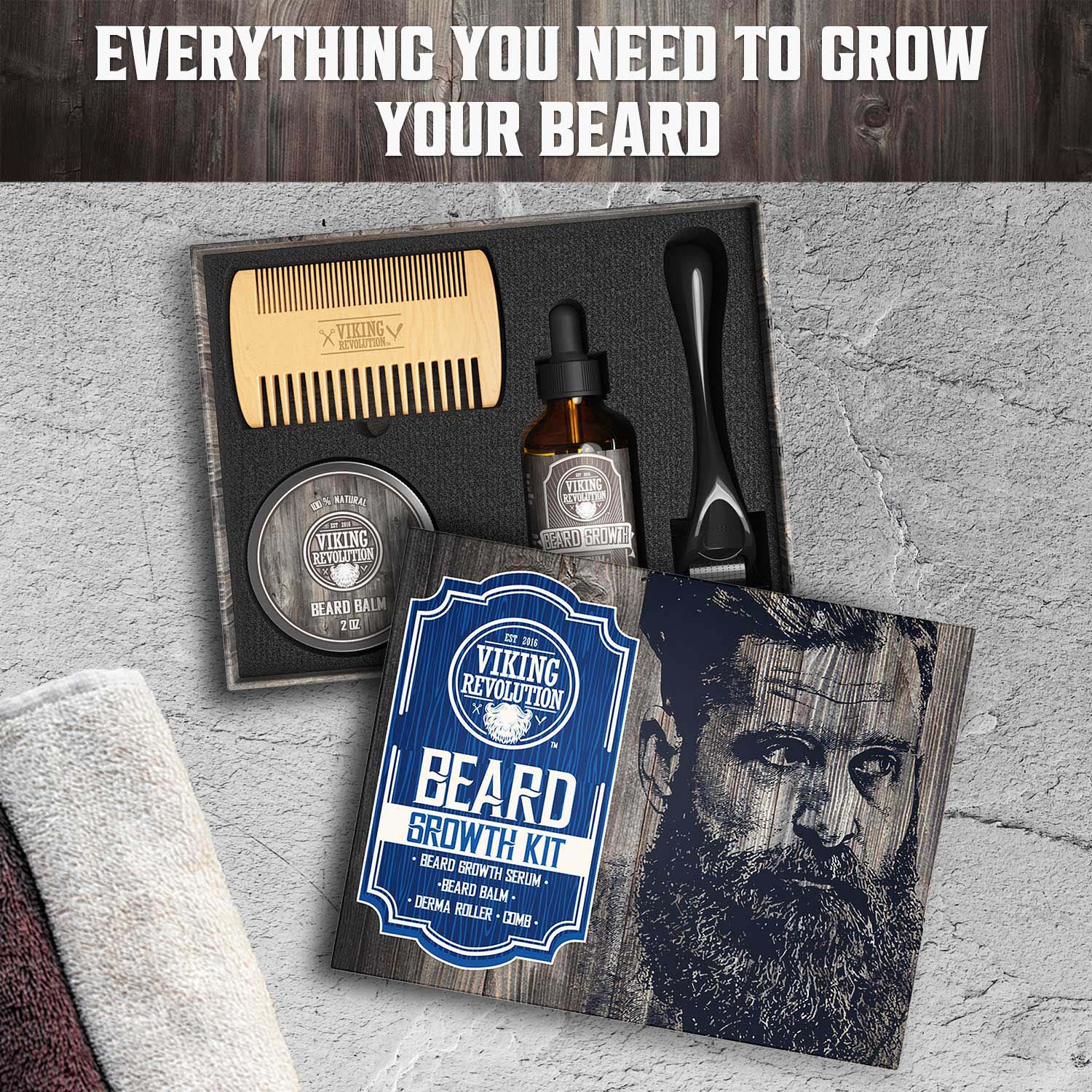 Beard Growth Kit showcased on a textured surface, complete with nourishing oil, Beard Balm, a sleek comb, and an effective roller.