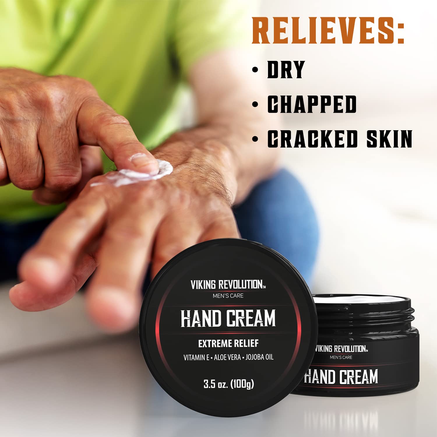 Using Hand Cream - Extreme Relief from Viking Revolution, this product, rich in all-natural ingredients, soothes dry, chapped skin and provides relief for cracked hands.