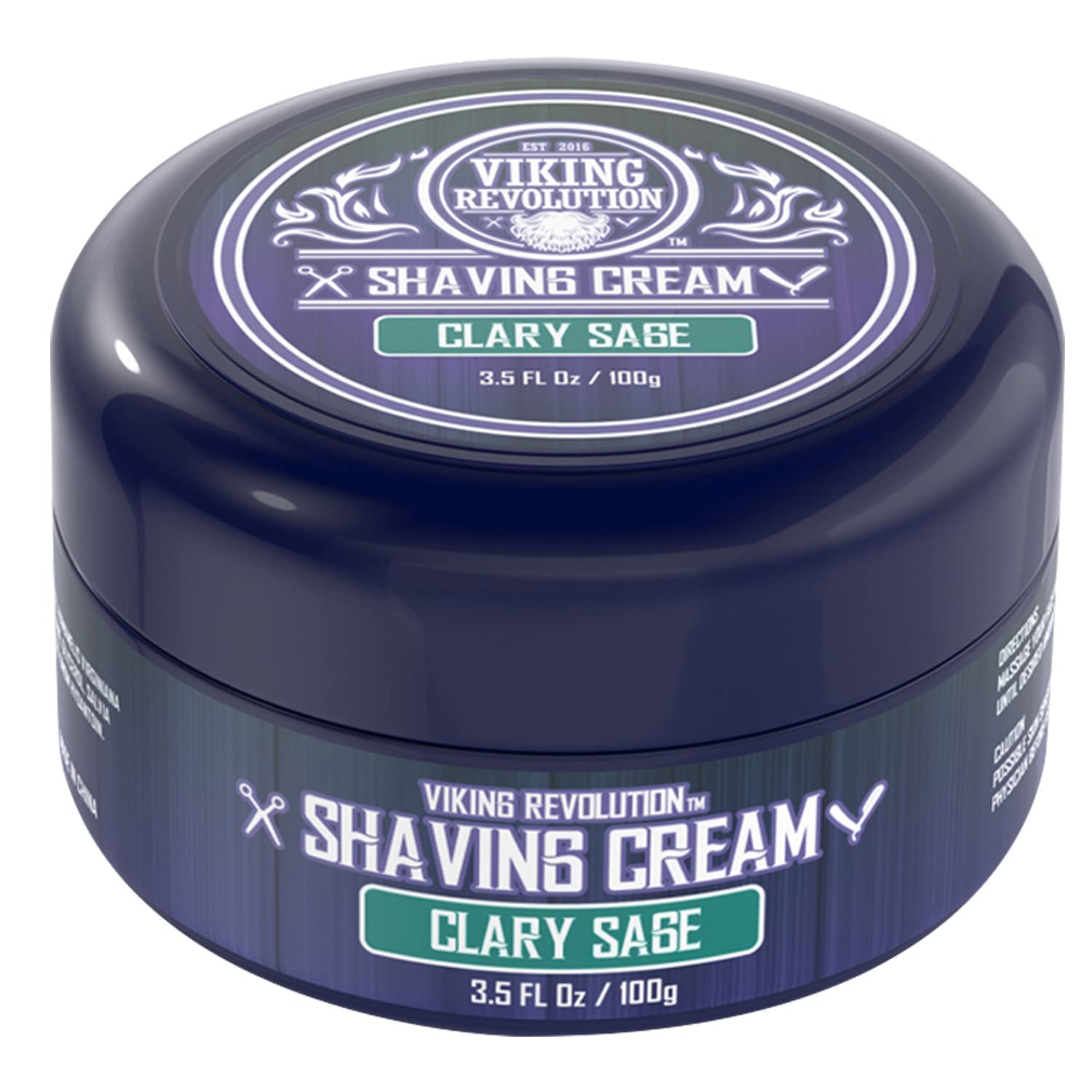 Viking Revolution Clary Sage Shaving Cream, blue container, rich lather, sensitive skin, 3.5 fl oz.