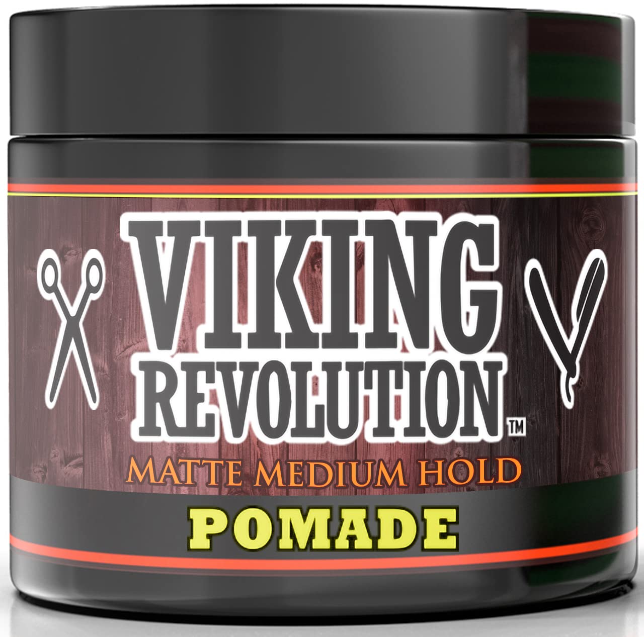 Jar of Medium Hold Hair Pomade 4oz by Viking Revolution, featuring scissors and comb icons on the label, ideal for versatile hair styling with a natural matte finish.