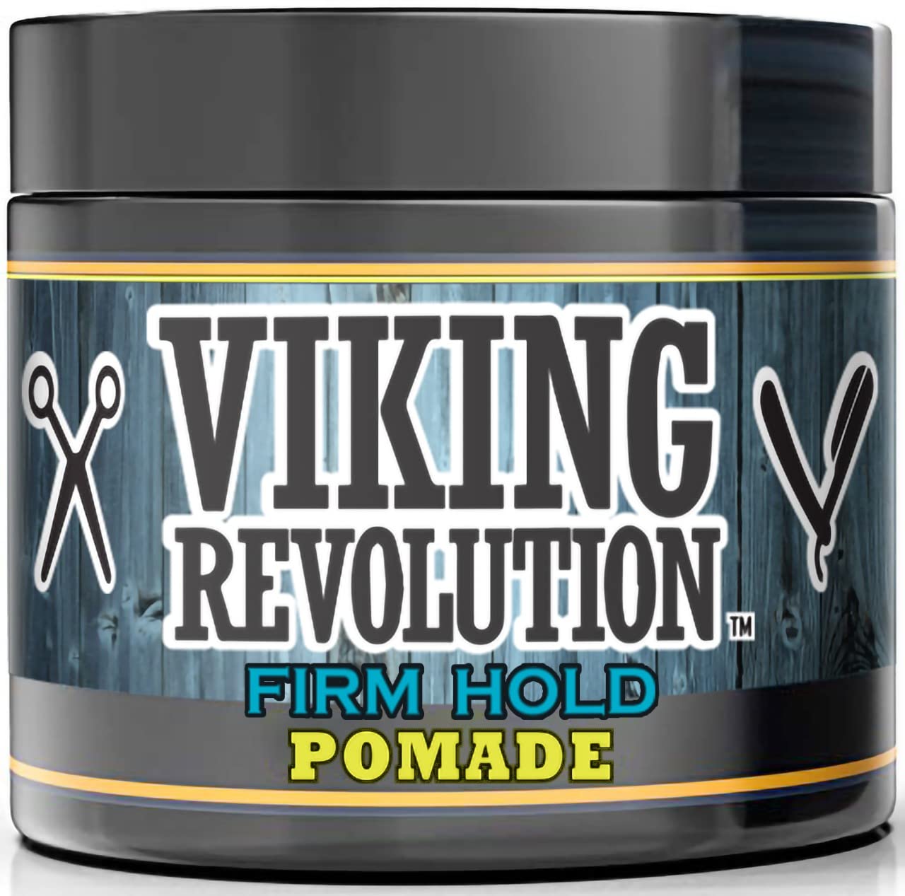 Firm Hold Hair Pomade - 4 oz jar with high shine finish and wood-textured label featuring scissors and comb icons.