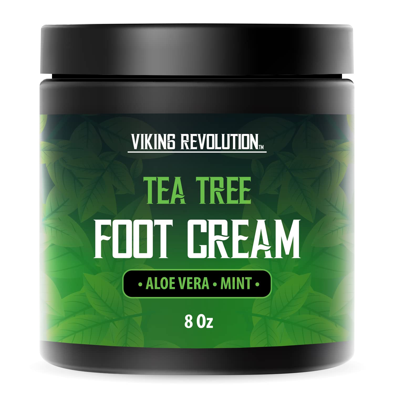Container of Tea Tree Foot Cream for Dry Cracked Heels by Viking Revolution, formulated with natural ingredients like aloe vera and mint, ideal for treating dry feet, available in an 8 oz size.