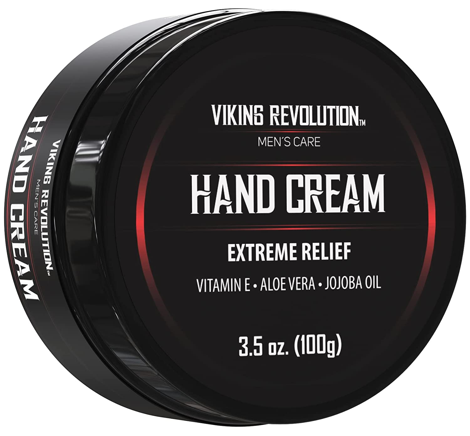 3.5 oz black container of Viking Revolution's Hand Cream - Extreme Relief, featuring all-natural ingredients such as vitamin E, aloe vera, and jojoba oil to soothe cracked hands.