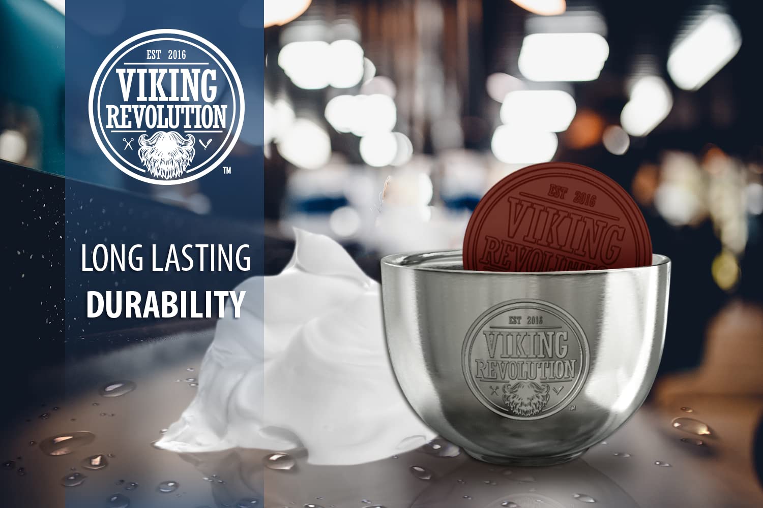 Stainless Steel Shaving Soap Bowl with Viking Revolution lather and logo in a blurred background.