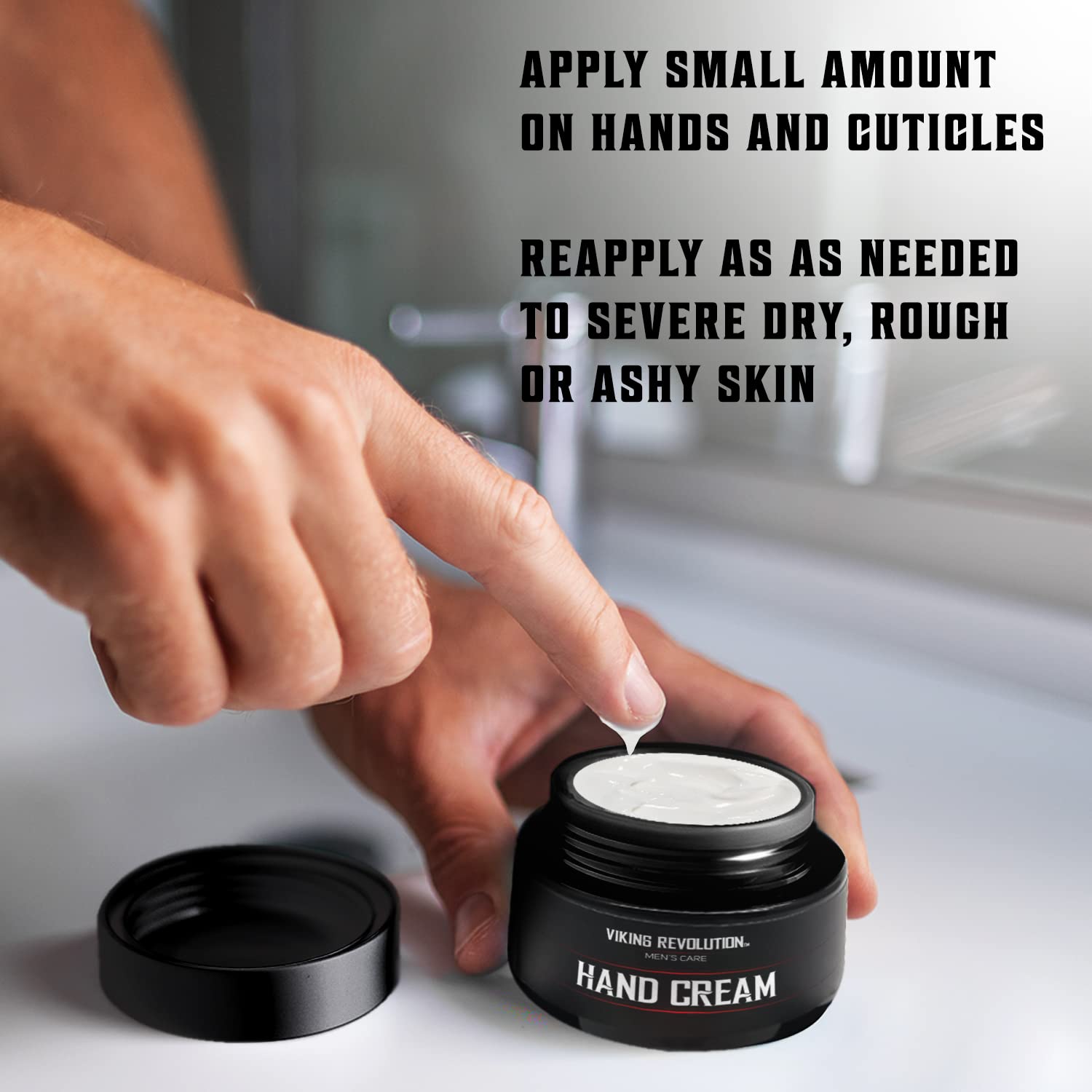 A hand applying cream from a jar labeled Hand Cream - Extreme Relief, featuring text instructions in the background that offer relief for cracked hands using all-natural ingredients.