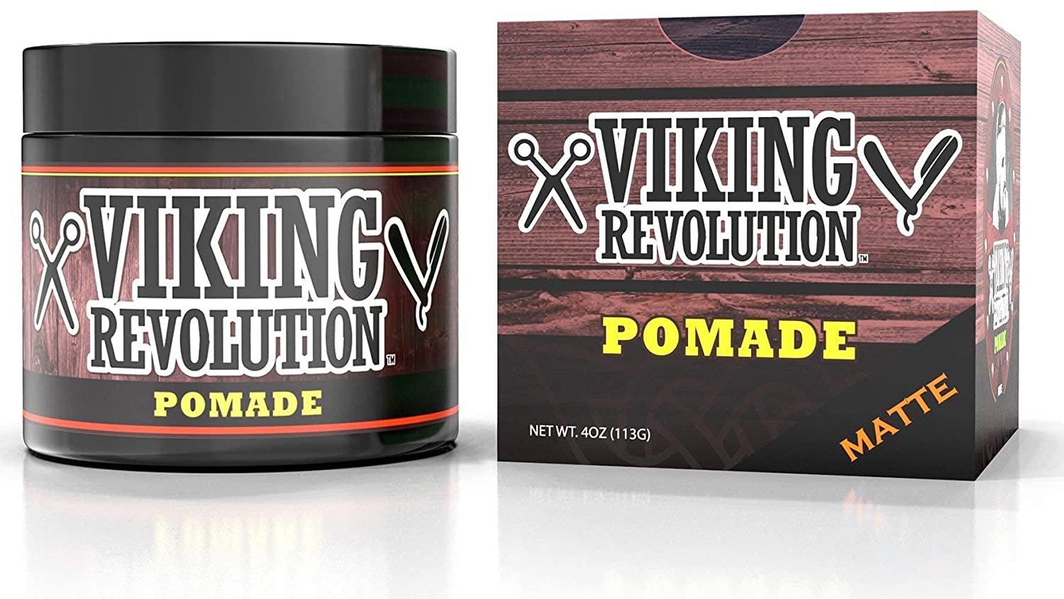 The Medium Hold Hair Pomade 4oz by Viking Revolution comes in a jar and box adorned with a wooden texture-themed design. It offers a natural matte finish with medium hold, making it ideal for maintaining a sharp and effortless look.