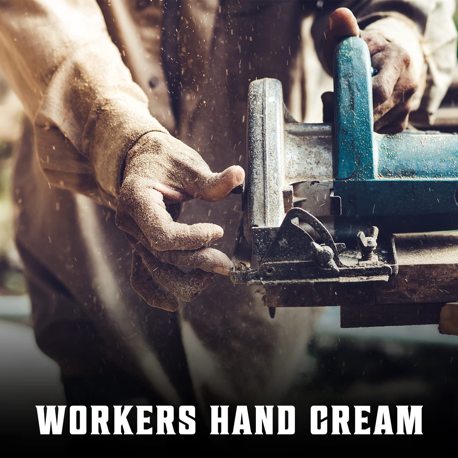 Workers’ hands using a power saw, with dust flying. Text at the bottom reads HAND CREAM - EXTREME RELIEF, enriched with all-natural ingredients for cracked hands relief.