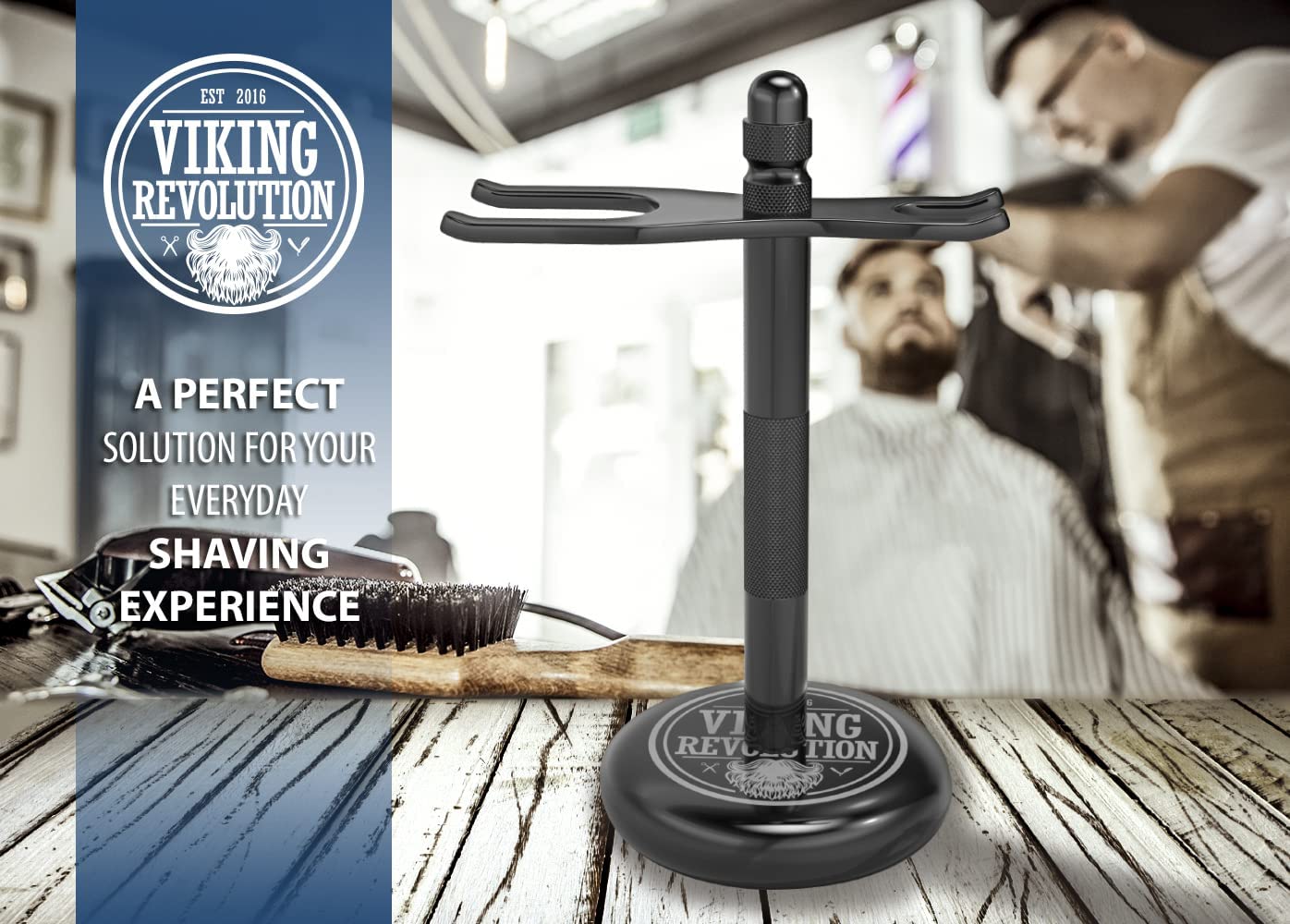 A Black Safety Razor Stand elegantly graces the barbershop display, while a customer enjoys a haircut in the background. The scene captures the essence of beard grooming artistry amid whispers of premium ingredients.