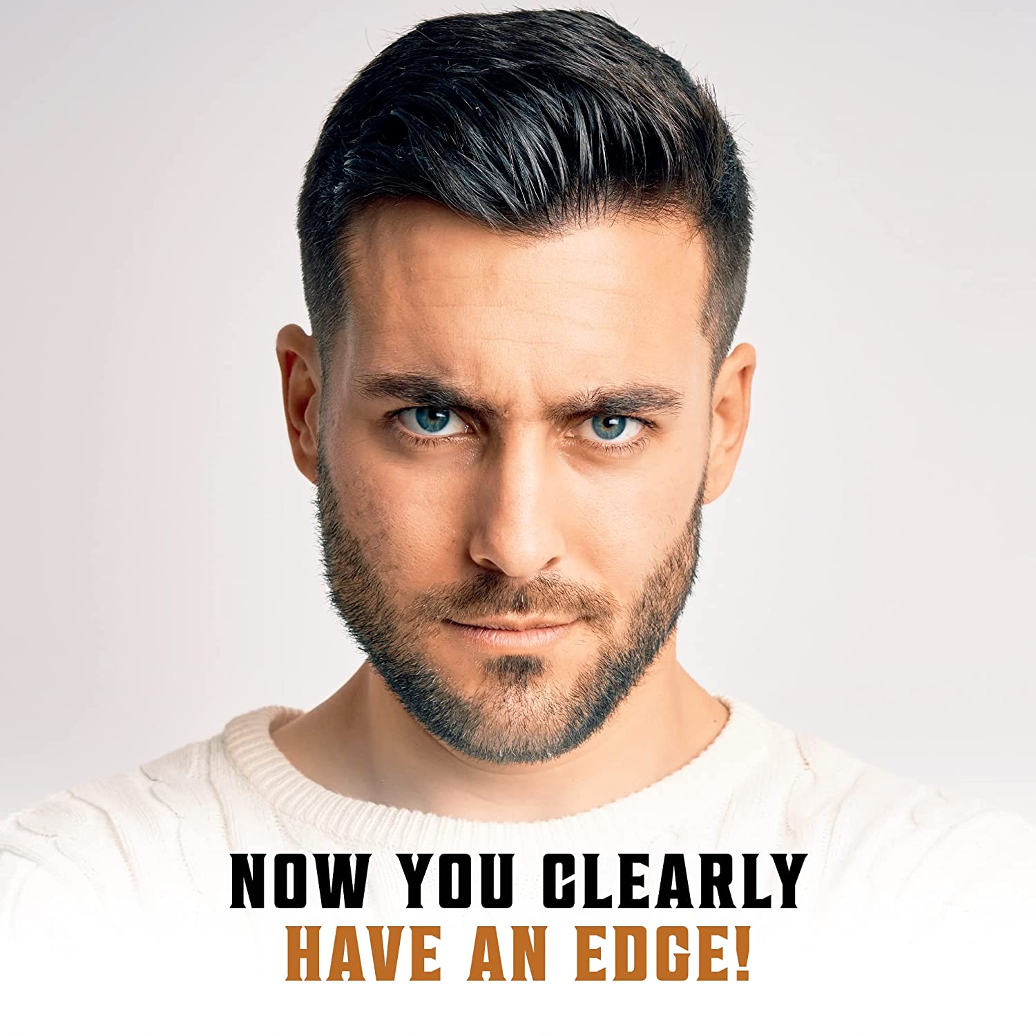 Bearded man in a white sweater captioned: Gain a definitive edge with those perfect Viking Revolution Double Edge Razor Blades!