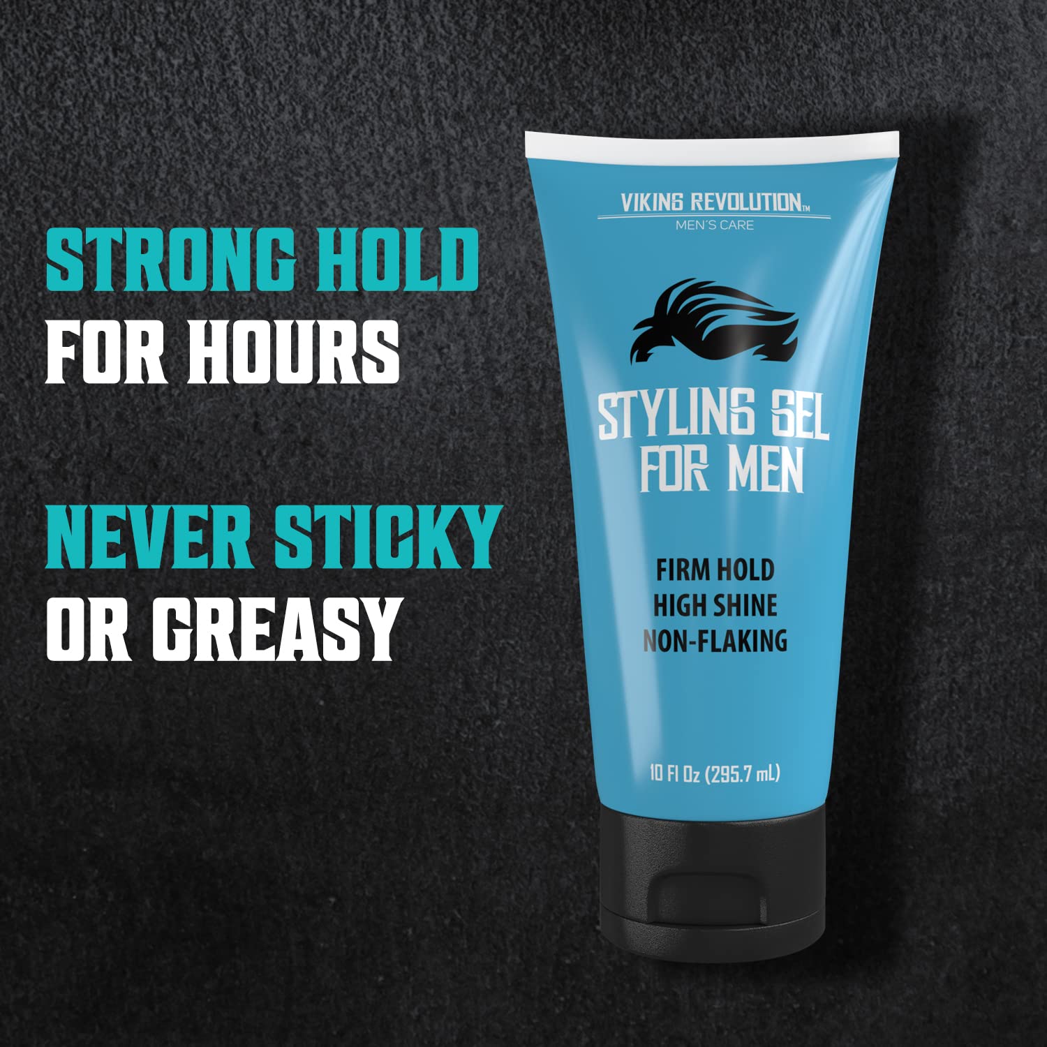 Blue tube of Hair Gel - 10 fl oz on a black textured background, ideal for volume and texture.