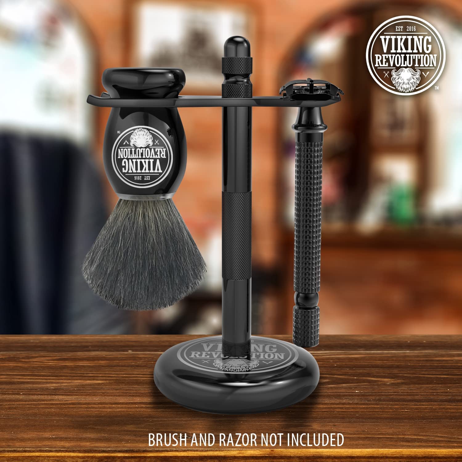 A Black Safety Razor Stand elegantly rests on a wooden table, showcasing Viking Revolution's commitment to premium craftsmanship. Perfect for beard grooming.