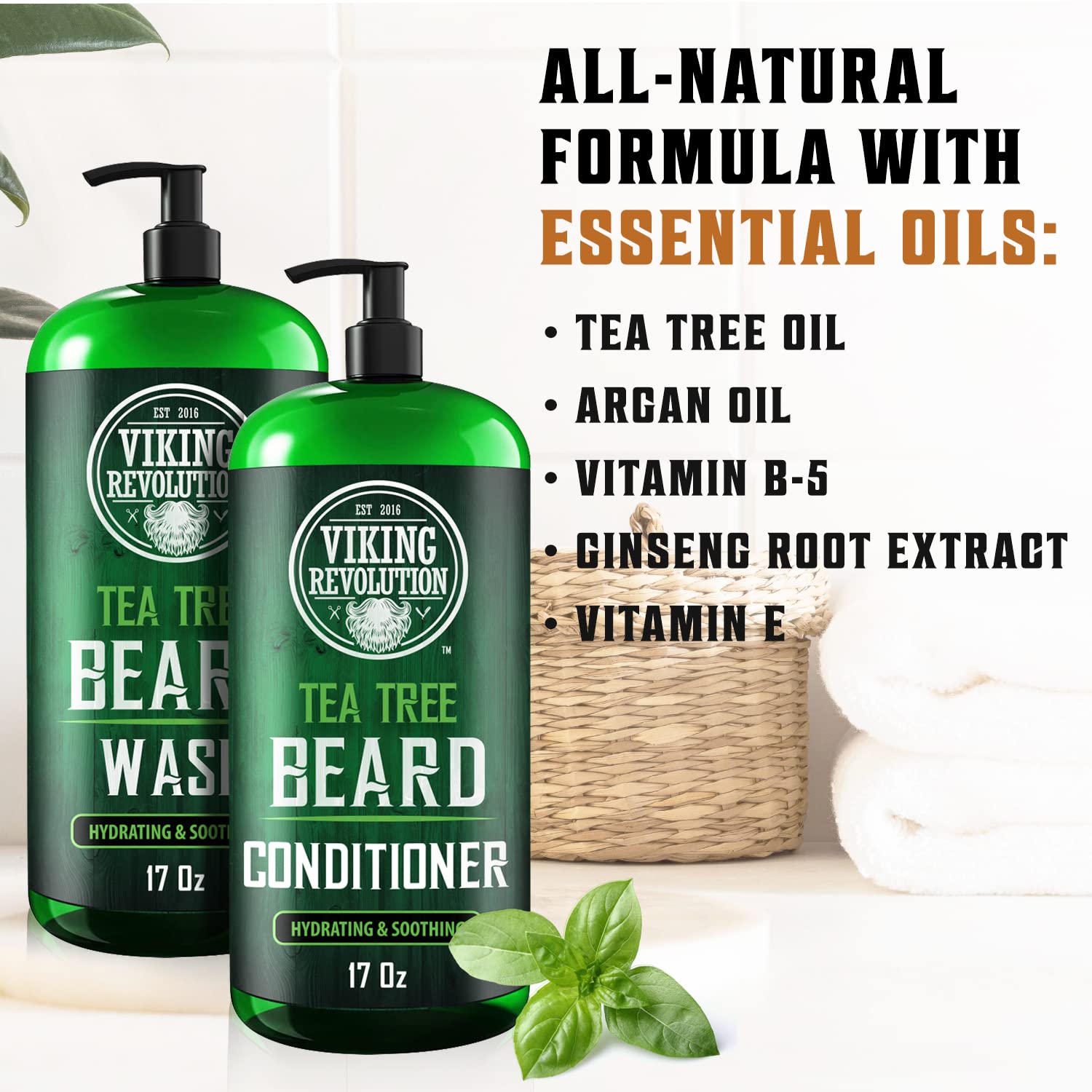 The Tea Tree Beard Wash & Beard Conditioner 17oz bottles, enriched with essential oils, tea tree, and vitamins made from all-natural ingredients, sit on the bathroom counter. They are perfect for facial hair care and promoting healthy beard growth.