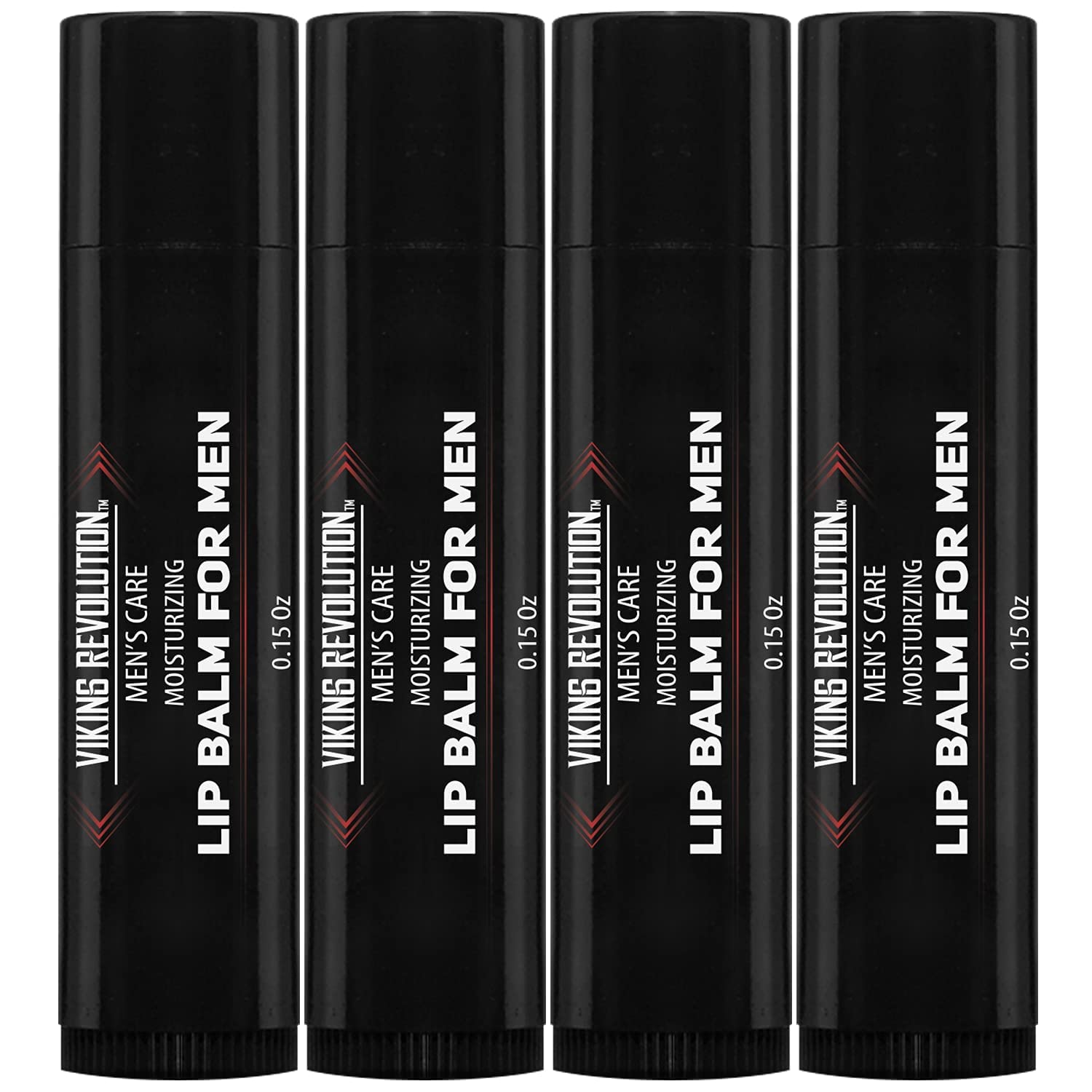 Four sleek black tubes from the All Natural Lip Balm for Men – 4 Pack, enriched with vitamin E and all-natural ingredients, are lined up side by side.