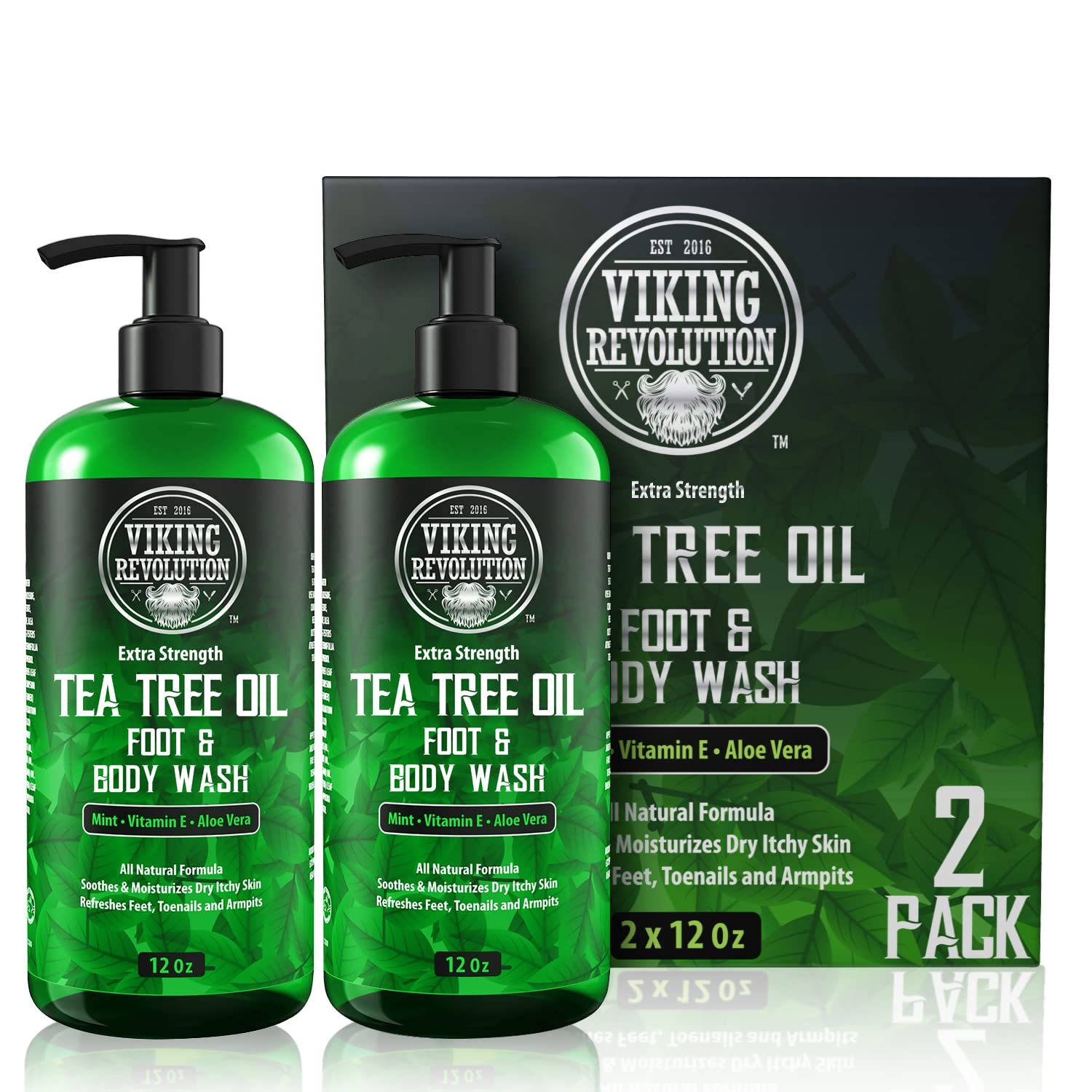 Green bottles of Tea Tree Oil Body Wash - 2 Pack by Viking Revolution, ideal for addressing skin conditions, with a box in the background.