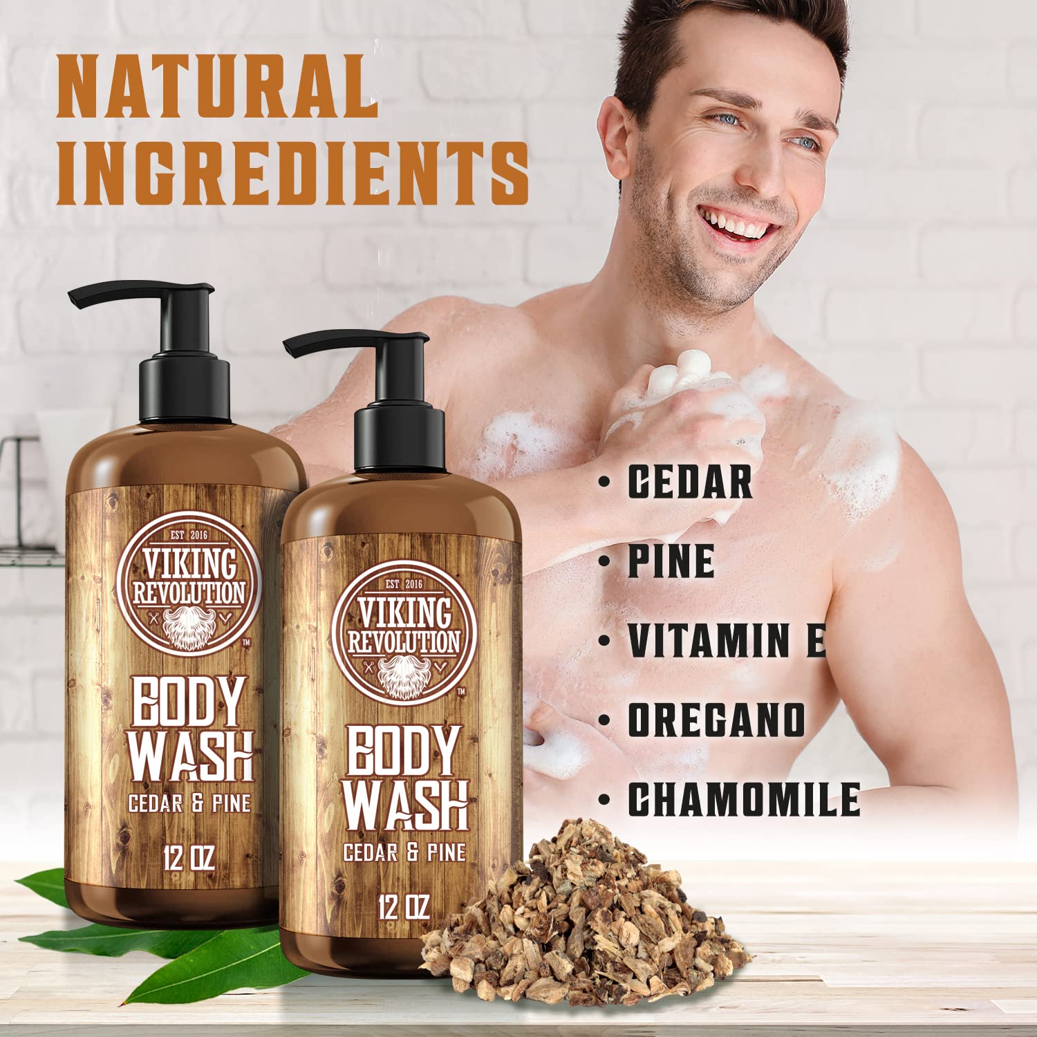 Active man uses Cedar & Pine Body Wash - 2 Pack, featuring vitamin E, oregano, and chamomile.