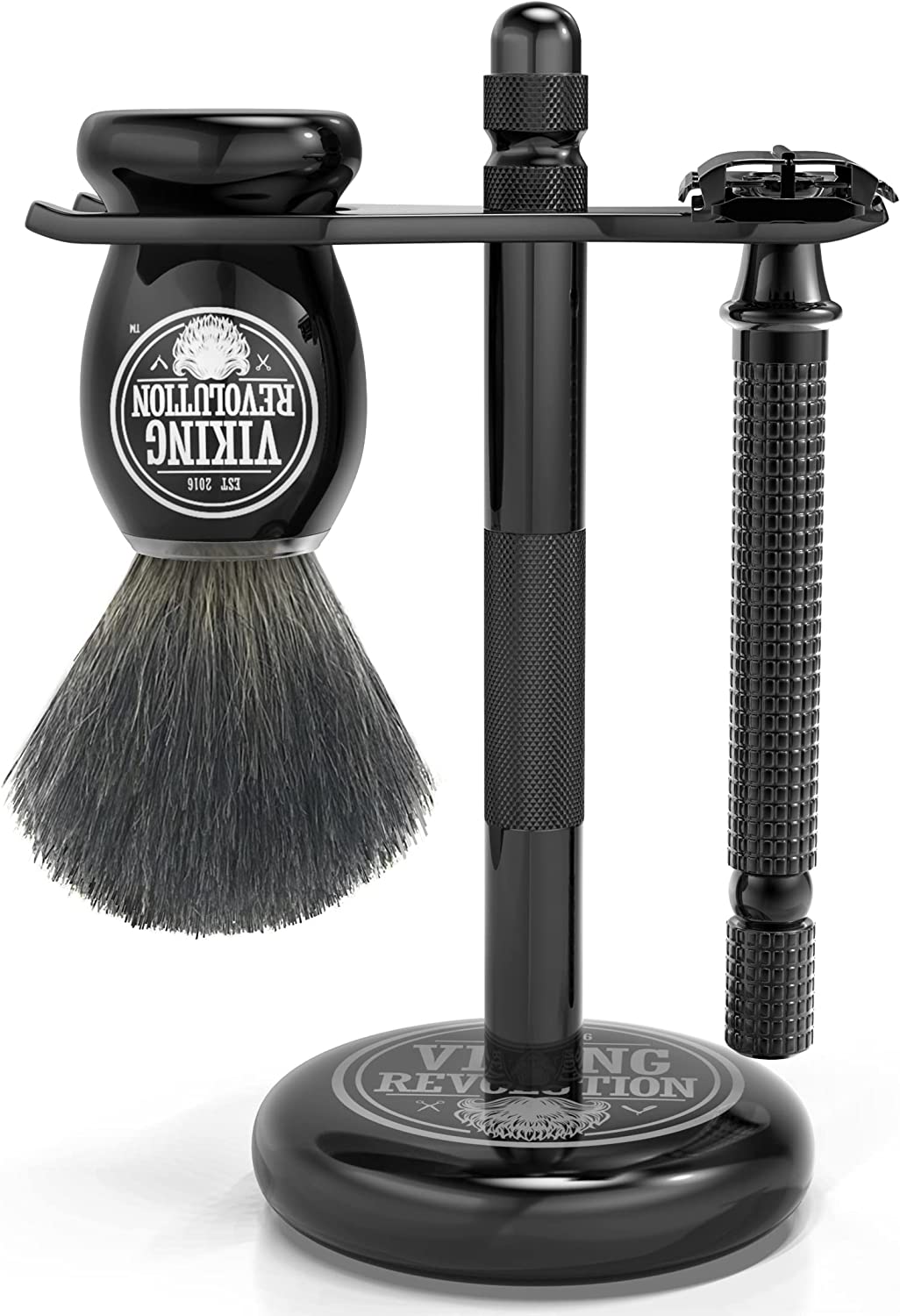 Black Safety Razor Stand featuring a premium black shaving brush and razor with Viking Revolution branding, ideal for beard grooming.