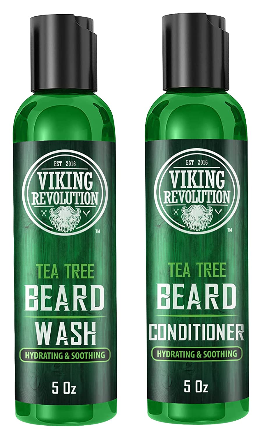 Two green bottles of Tea Tree Beard Wash & Beard Conditioner 5oz for optimal beard care.