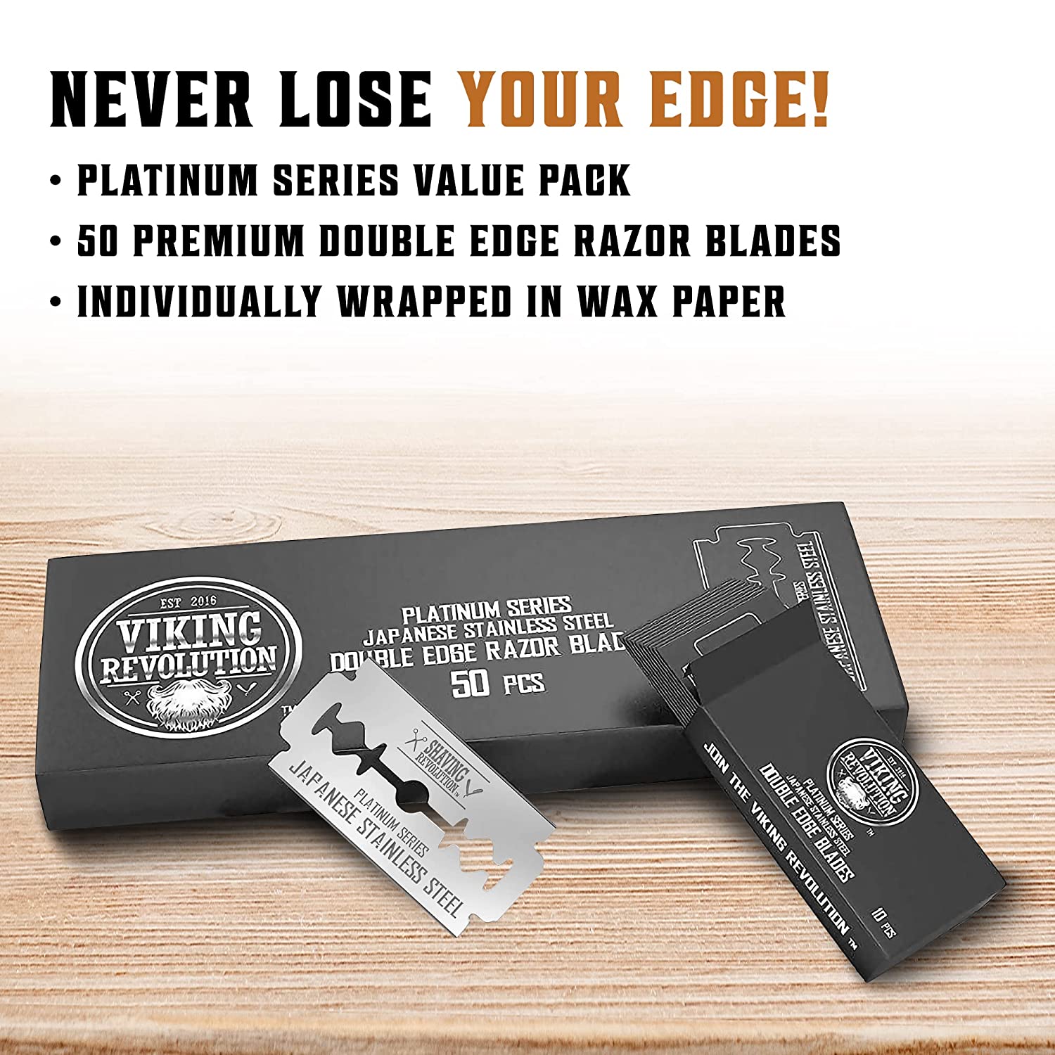 Viking Revolution - Double Edge Razor Blades, showcased with a precision edging blade on a wooden surface.