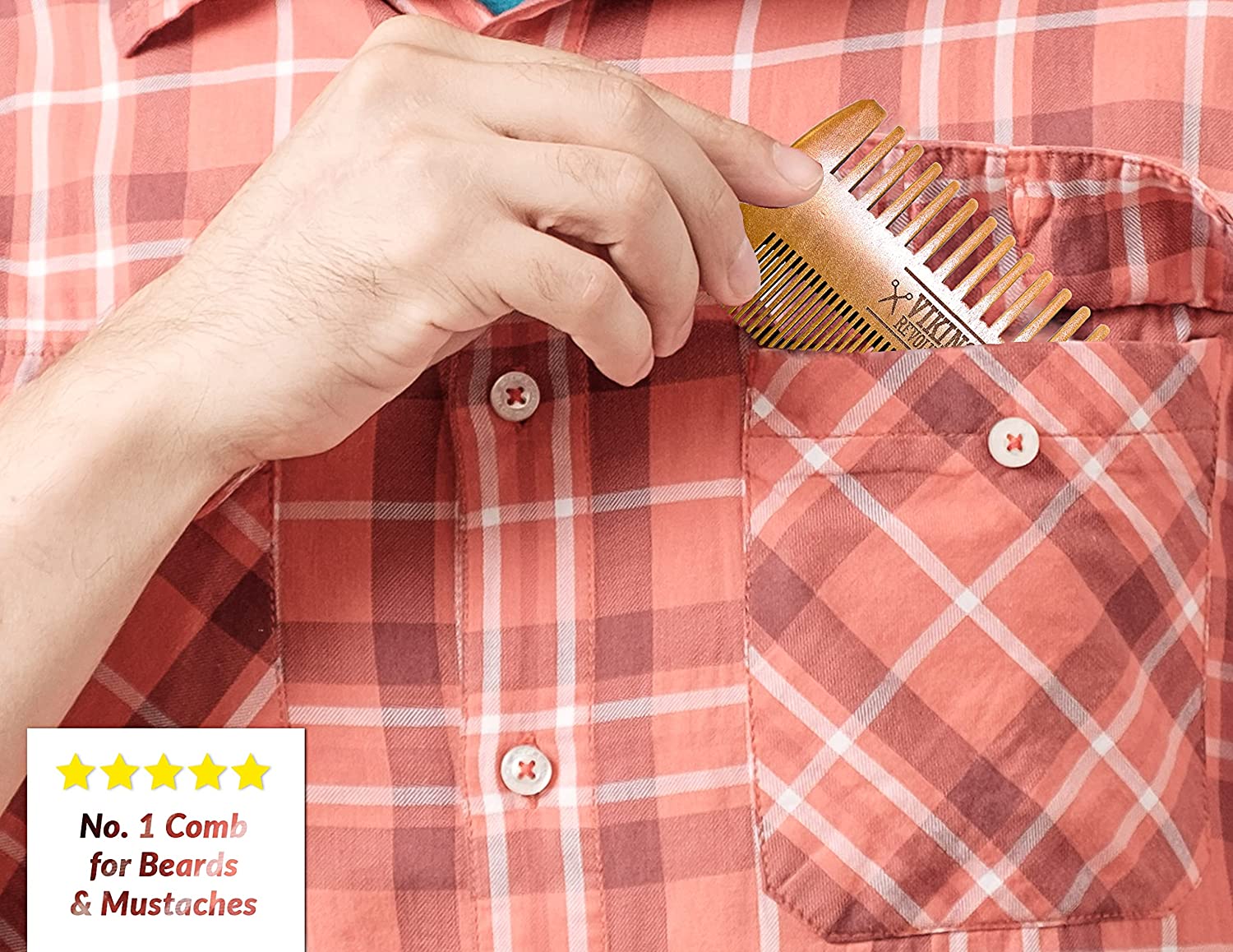 Person slipping a Wooden Beard Comb & Case into a checkered shirt pocket, labeled No. 1 Comb for Beards.
