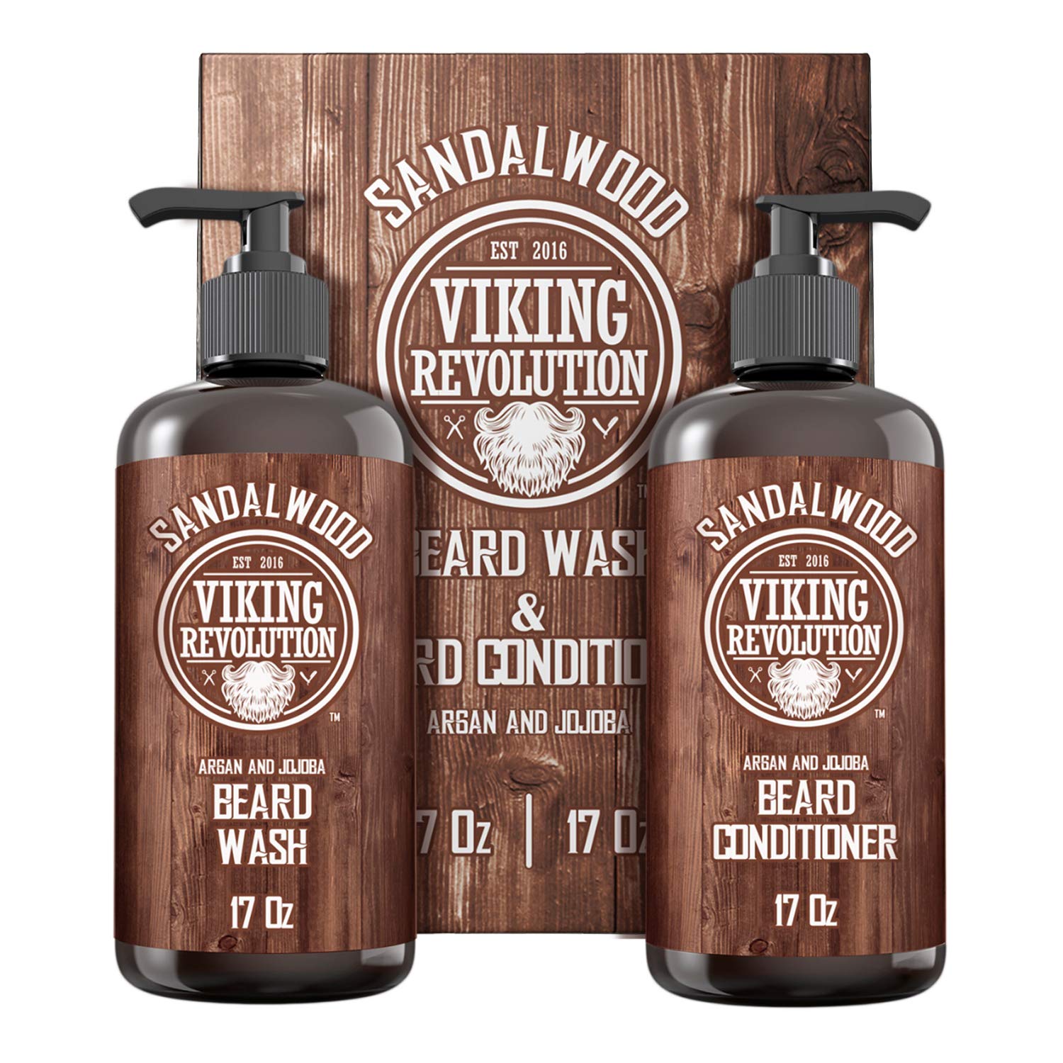 The Sandalwood Beard Wash & Conditioner Set – 17oz features two pump bottles with a captivating sandalwood aroma, beautifully showcased against a rustic wood-design backdrop. Made with all-natural ingredients, this set encourages healthy beard growth while offering a hint of rugged sophistication.