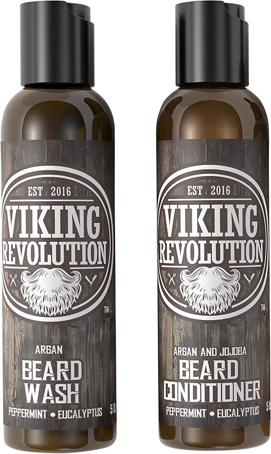 Two bottles labeled Peppermint & Eucalyptus Beard Wash & Conditioner Set - 5oz, perfect for facial hair cleaning and skin protection.