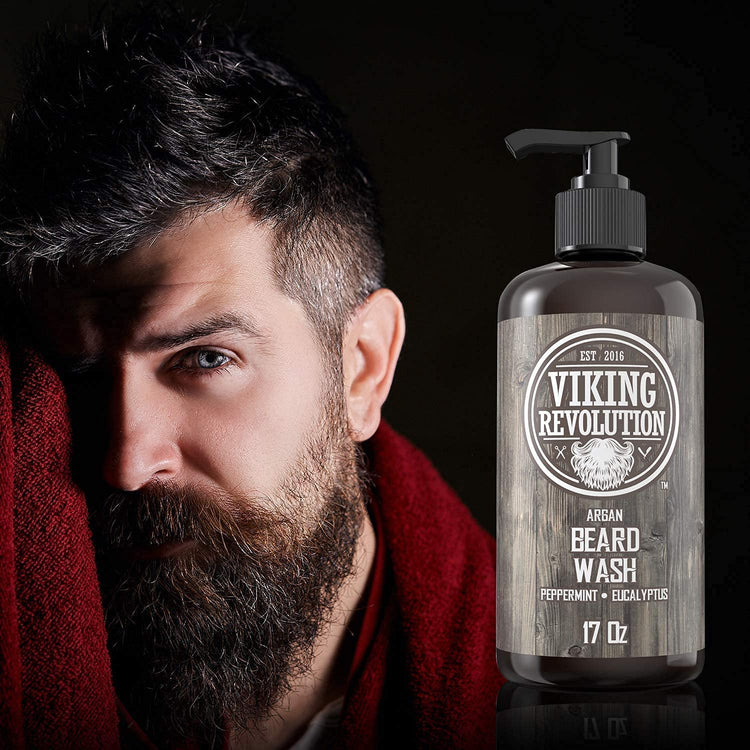 Viking Revolution Beard Wash & Beard Conditioner Set 2x 17Oz With Argan & Jojoba Oils - Softens& Strengthens - Natural Peppermint And Eucalyptus
