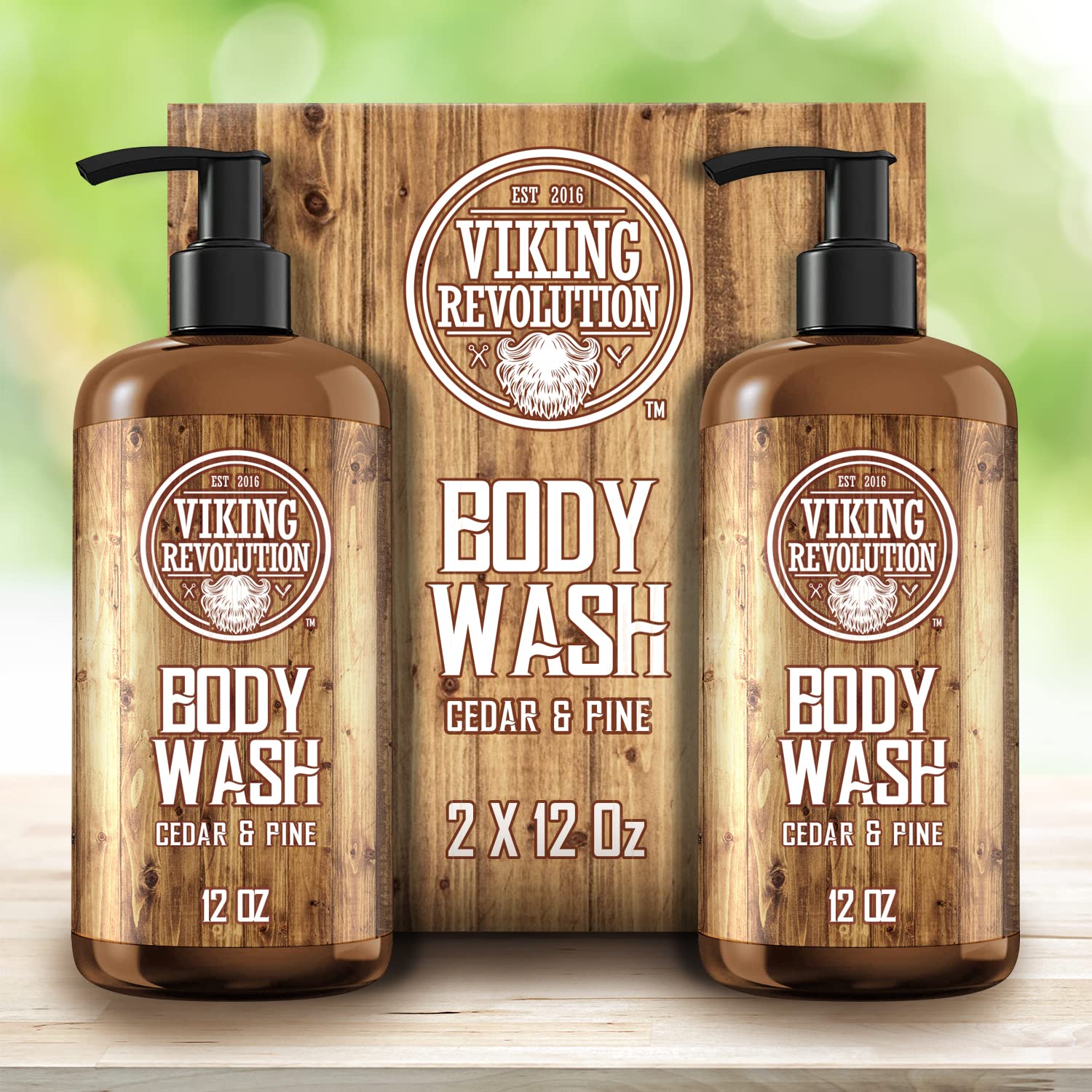 Ideal for active men: 2-pack of Viking Revolution Cedar & Pine Body Wash with matching packaging.