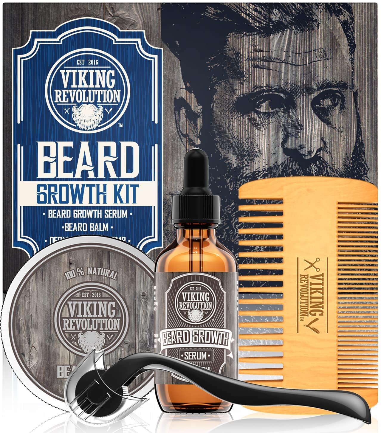 Discover the supreme Beard Growth Kit, including a hydrating beard balm and an effective growth serum. This kit is complete with a comb and roller, all presented in eye-catching Viking-themed packaging.