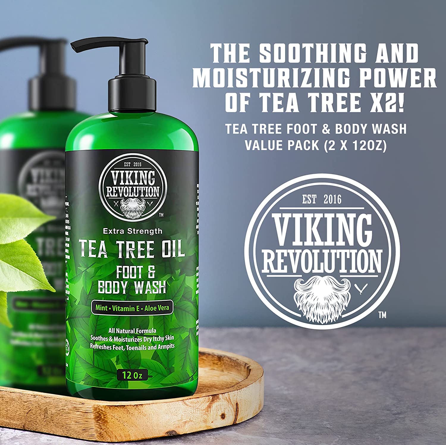 The Tea Tree Oil Body Wash - 2 Pack sits elegantly on a wooden surface, with its soothing formula expertly crafted to address various skin conditions.