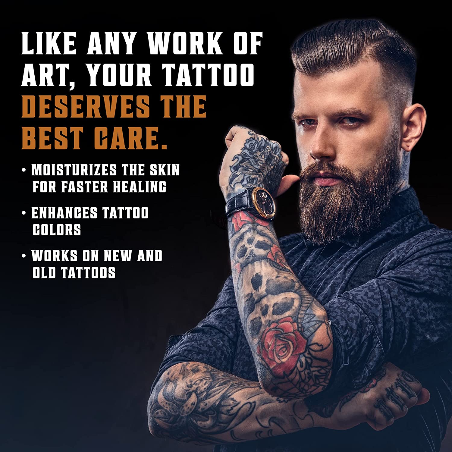 Tattooed man with folded arms, showcasing the benefits of Tattoo Care Balm, such as moisturizing and enhancing colors, made with vegan ingredients for optimal tattoo recovery.