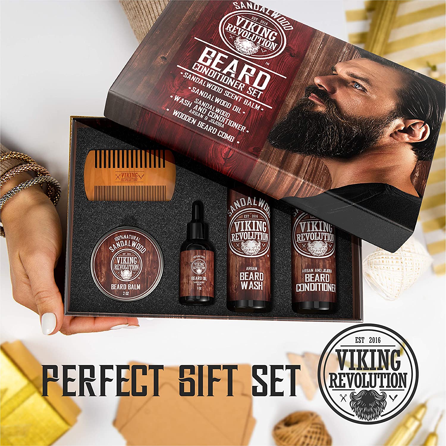 Introducing the Sandalwood Grooming Kit: a complete beard care collection featuring balm, oil, wash, conditioner, and a comb, all elegantly packaged in a gift box for ultimate beard styling with a subtle sandalwood scent.