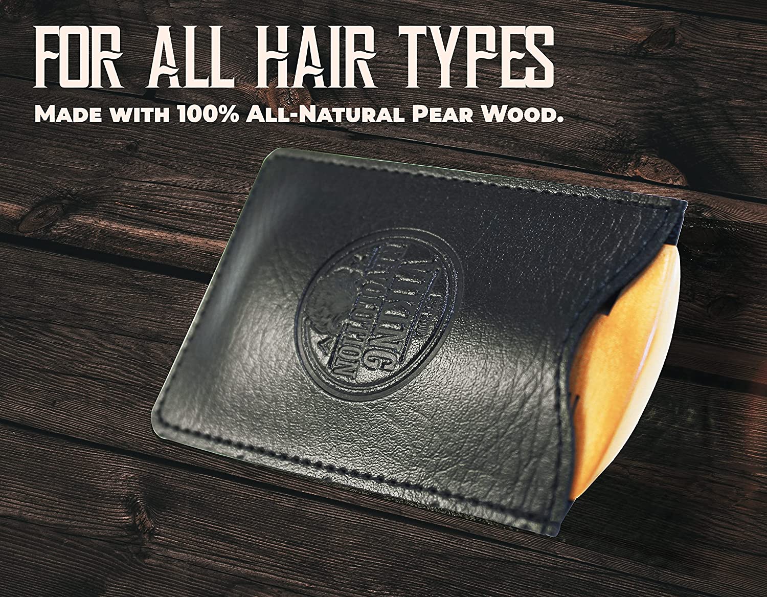 Wooden Beard Comb & Case on dark wood, perfect for all hair types. Satisfaction guaranteed.