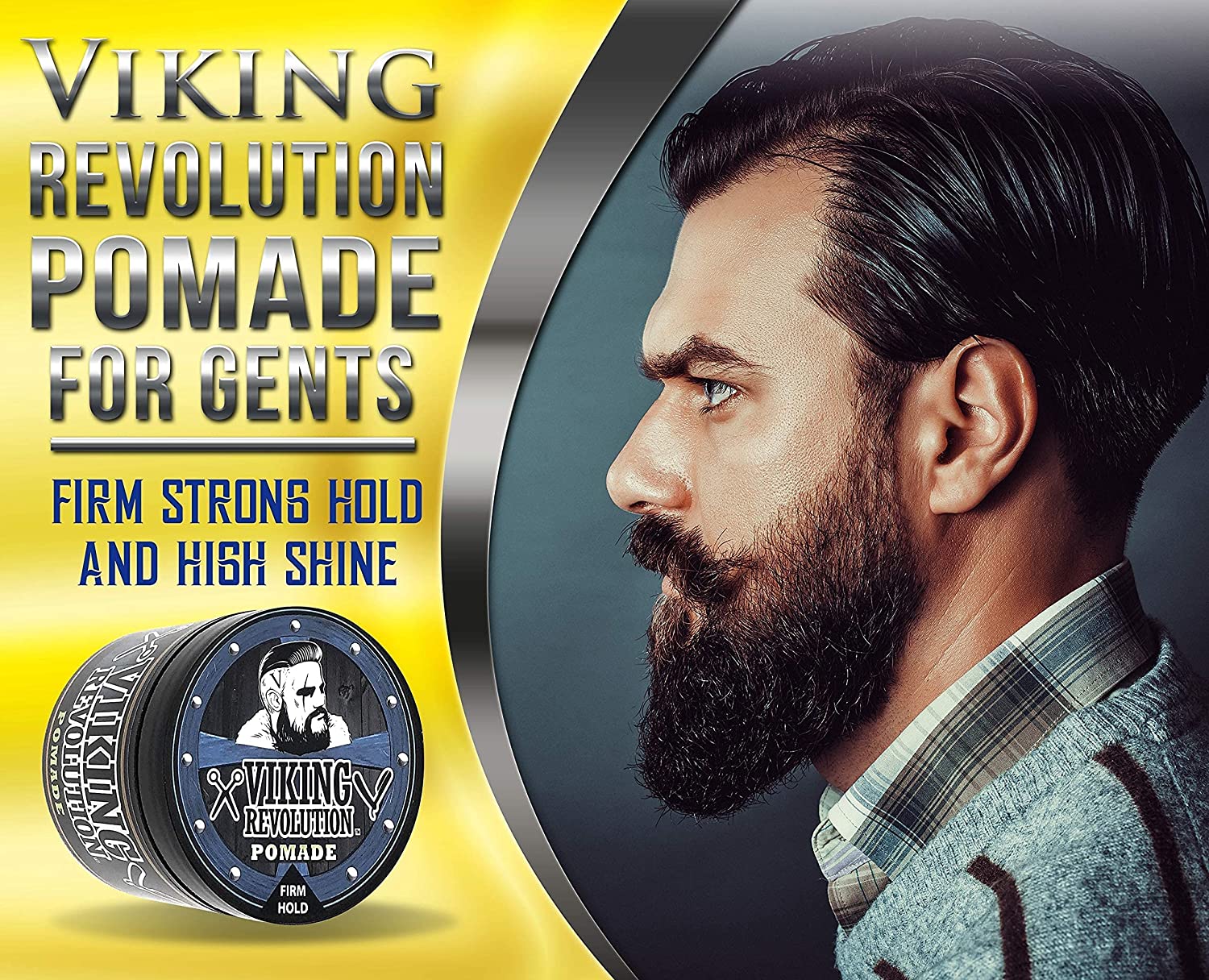 Bearded mans profile showcasing Firm Hold Hair Pomade - 4 oz for firm hold and high shine finish.