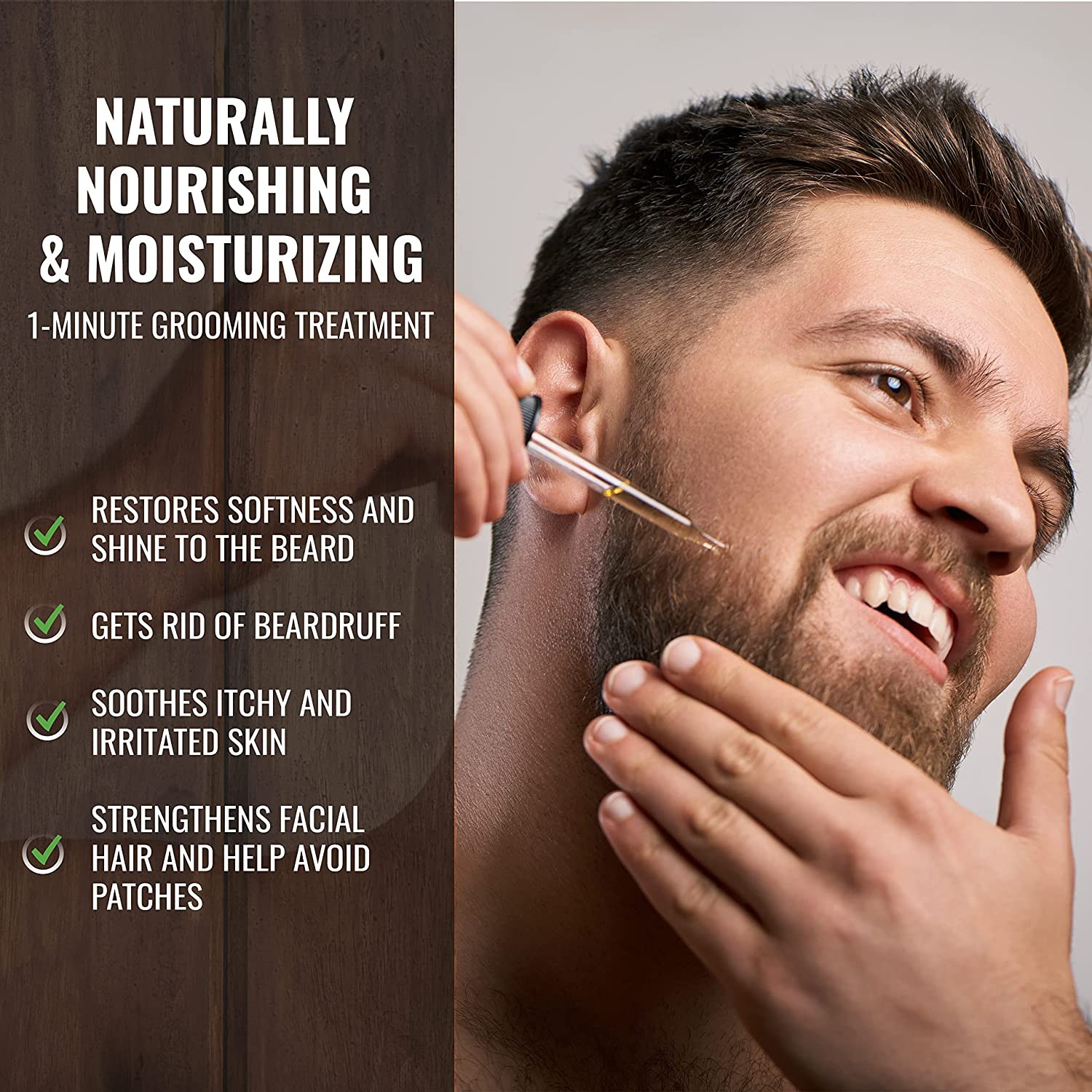 A man expertly uses a dropper to apply Clary Sage Beard Oil. On the left side, explore the advantages of these organic oils that nourish and invigorate his beard, promoting a healthier and fuller appearance.