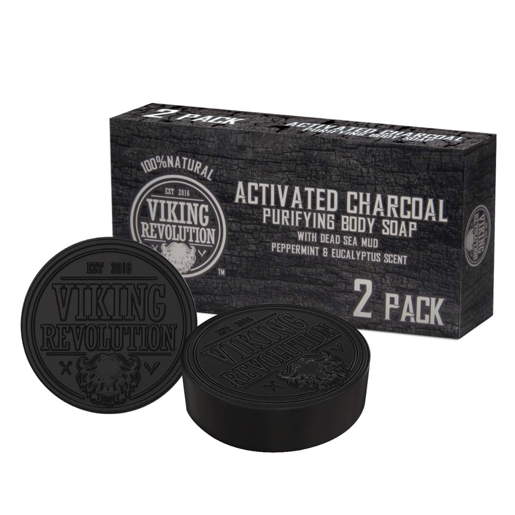 Viking Revolution's Activated Charcoal Soap with Dead Sea Mud, available in a 2-pack, features natural and organic ingredients and offers a refreshing peppermint and eucalyptus scent.
